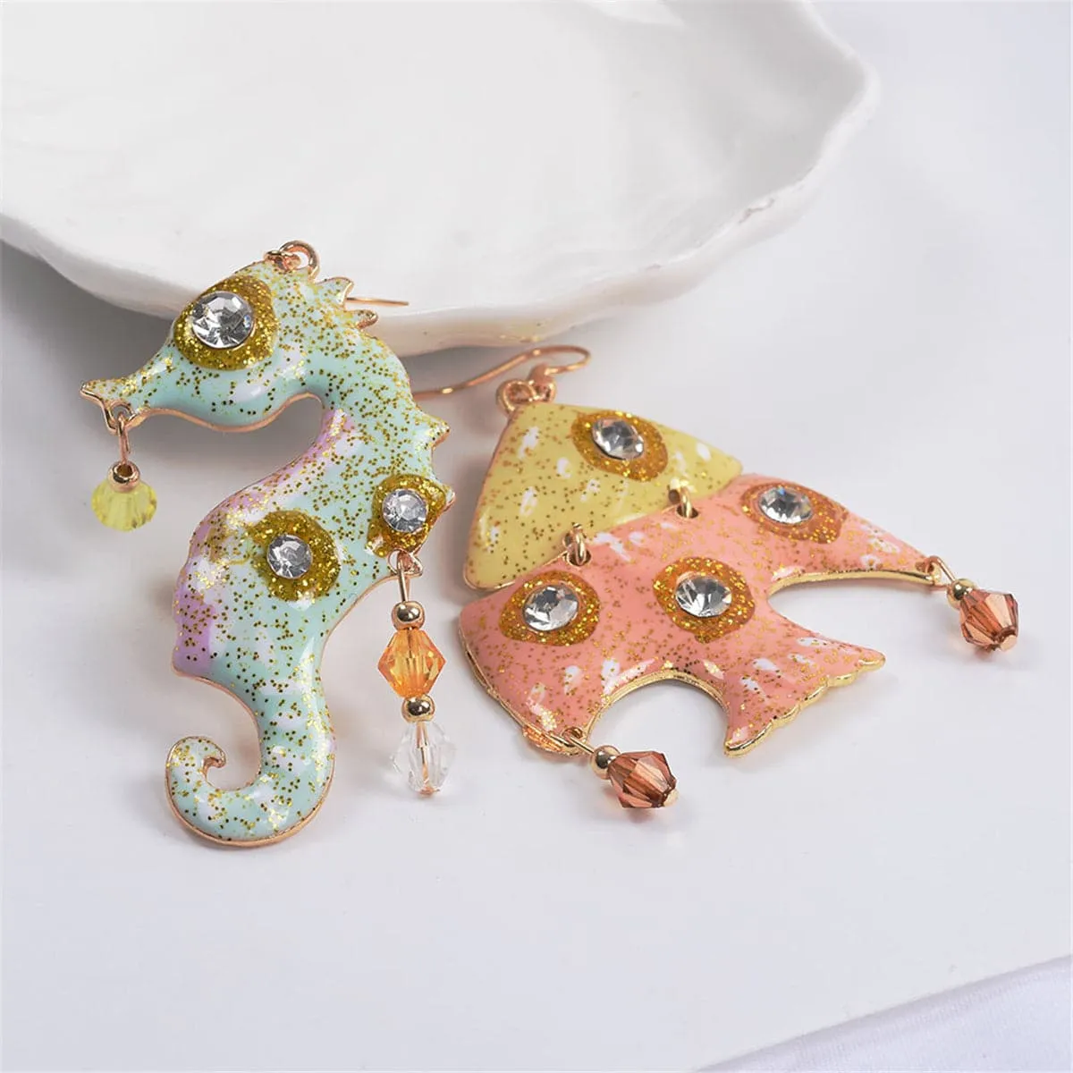 Cubic Zirconia & Enamel 18K Gold-Plated Fish Seahorse Asymmetric Drop Earrings