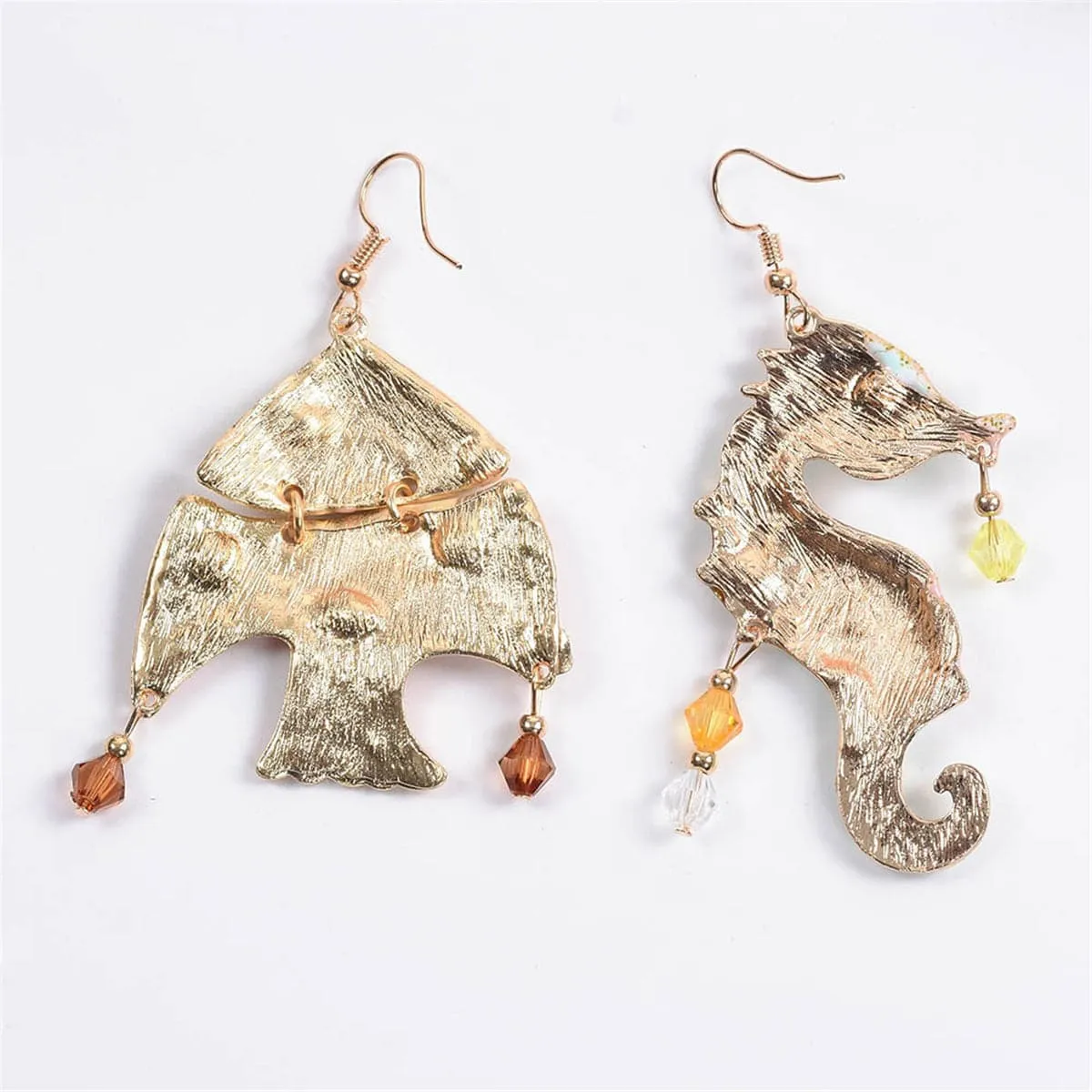 Cubic Zirconia & Enamel 18K Gold-Plated Fish Seahorse Asymmetric Drop Earrings