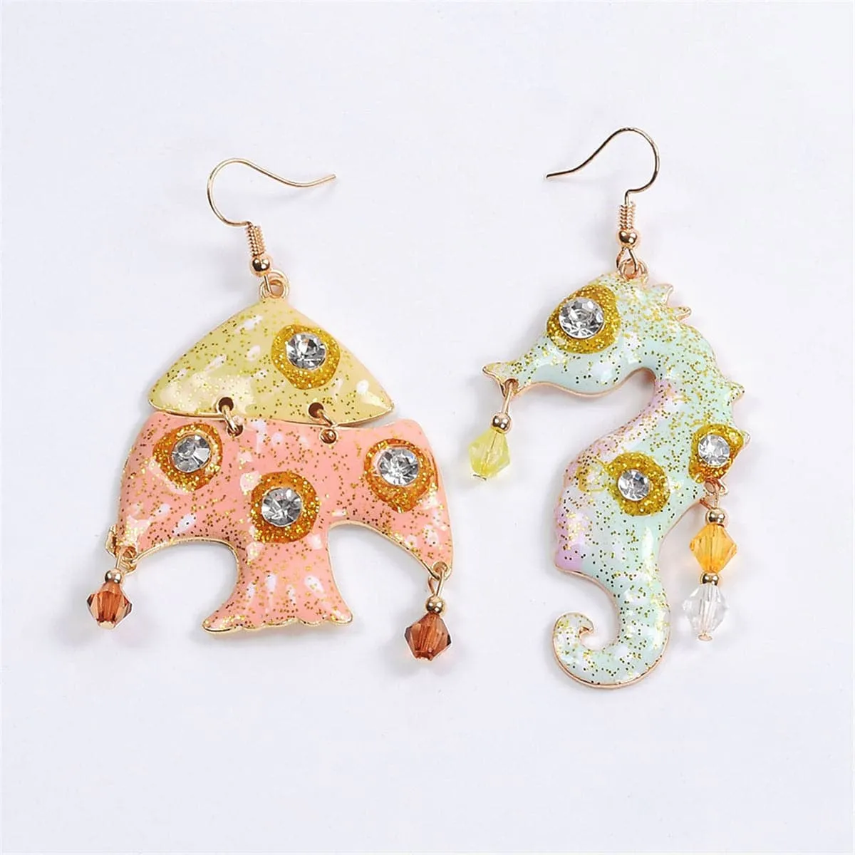 Cubic Zirconia & Enamel 18K Gold-Plated Fish Seahorse Asymmetric Drop Earrings