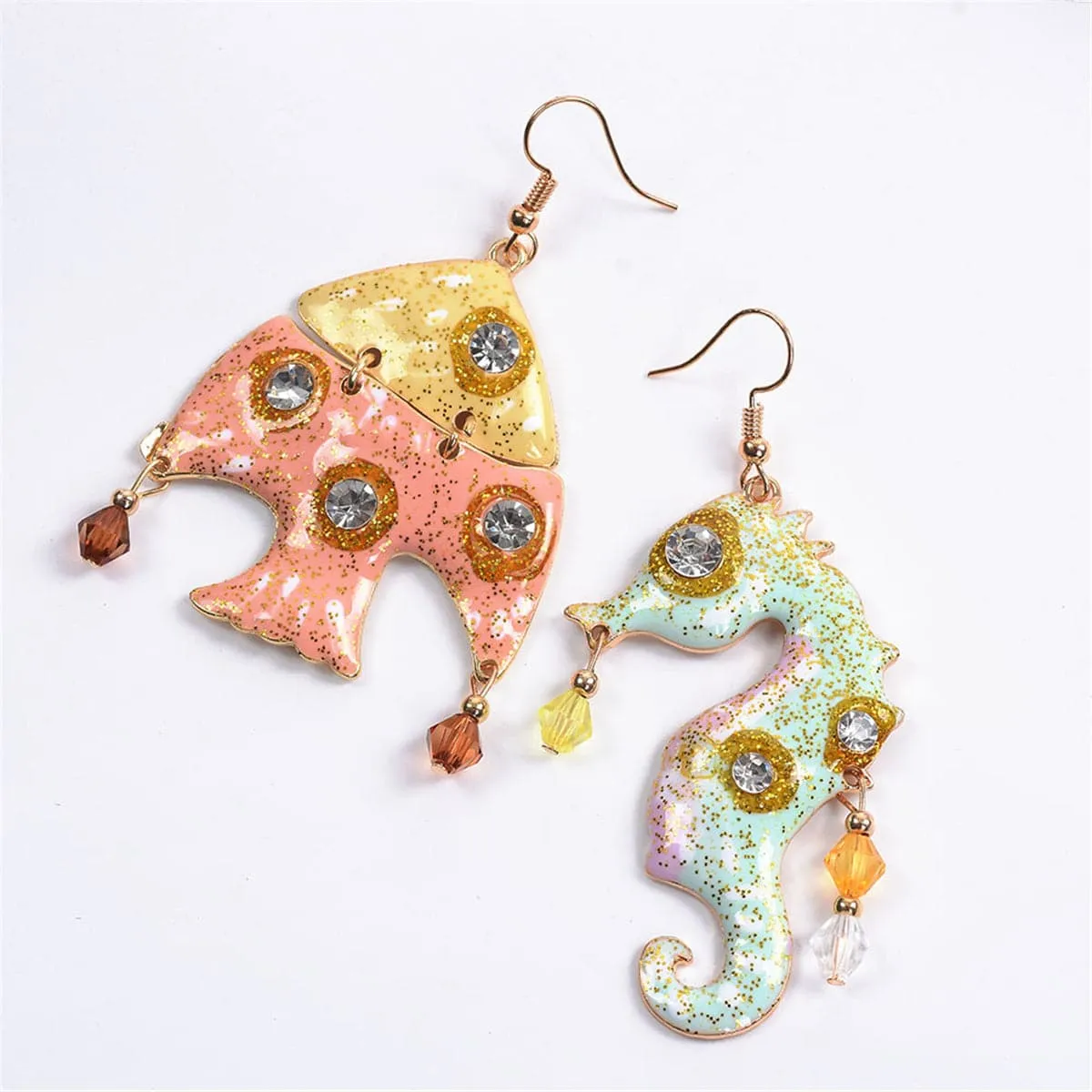 Cubic Zirconia & Enamel 18K Gold-Plated Fish Seahorse Asymmetric Drop Earrings