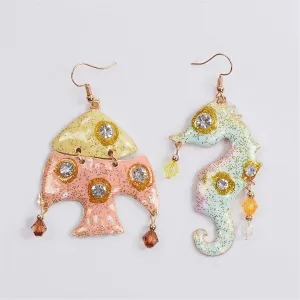 Cubic Zirconia & Enamel 18K Gold-Plated Fish Seahorse Asymmetric Drop Earrings