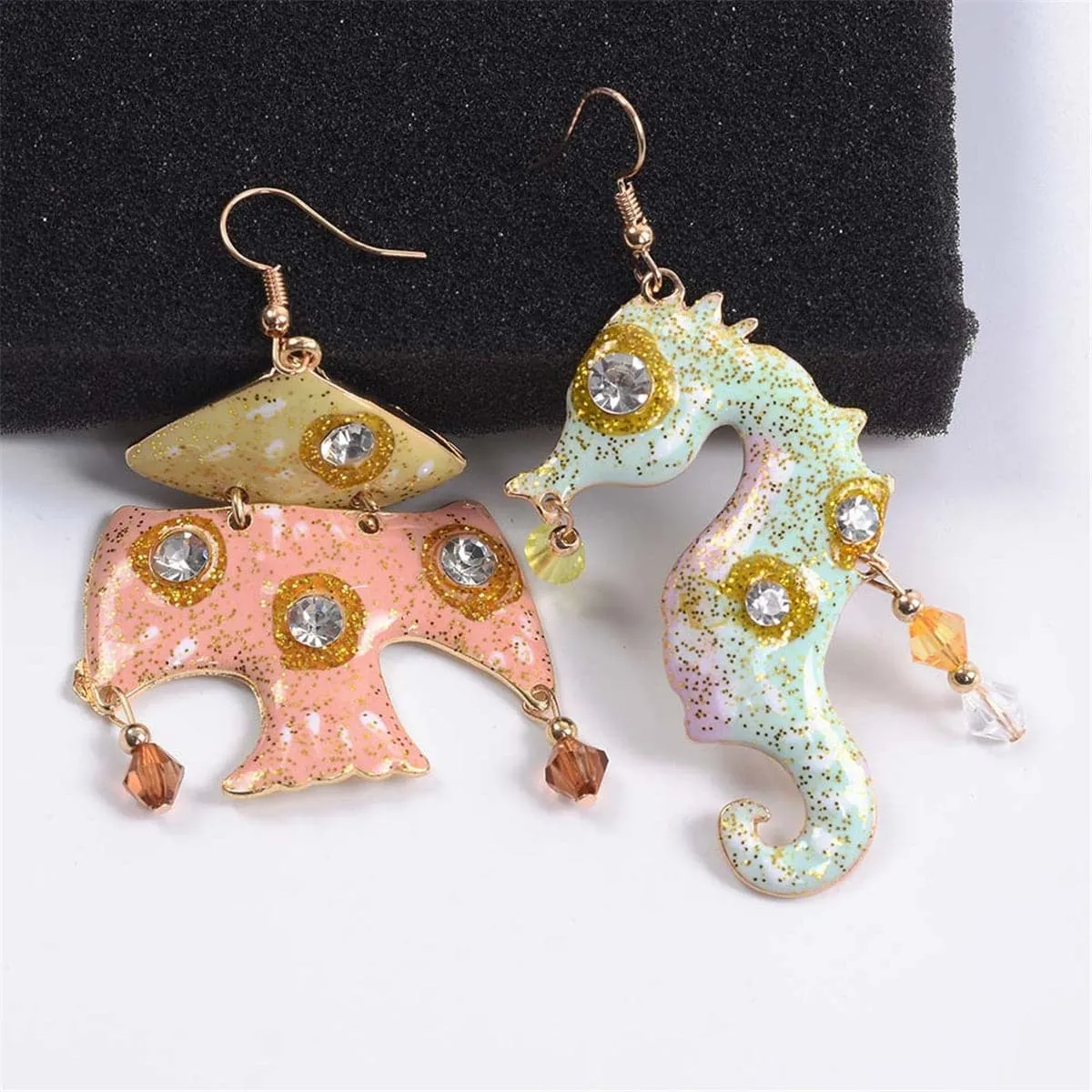 Cubic Zirconia & Enamel 18K Gold-Plated Fish Seahorse Asymmetric Drop Earrings