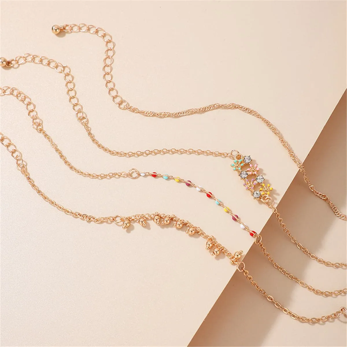 Cubic Zirconia & Resin Oil Drip 18K Gold-Plated Flower Anklet Set