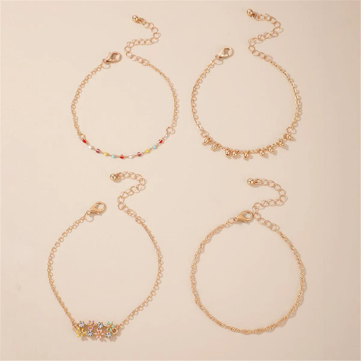 Cubic Zirconia & Resin Oil Drip 18K Gold-Plated Flower Anklet Set
