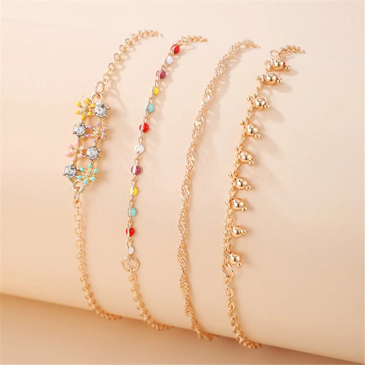 Cubic Zirconia & Resin Oil Drip 18K Gold-Plated Flower Anklet Set