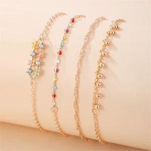 Cubic Zirconia & Resin Oil Drip 18K Gold-Plated Flower Anklet Set
