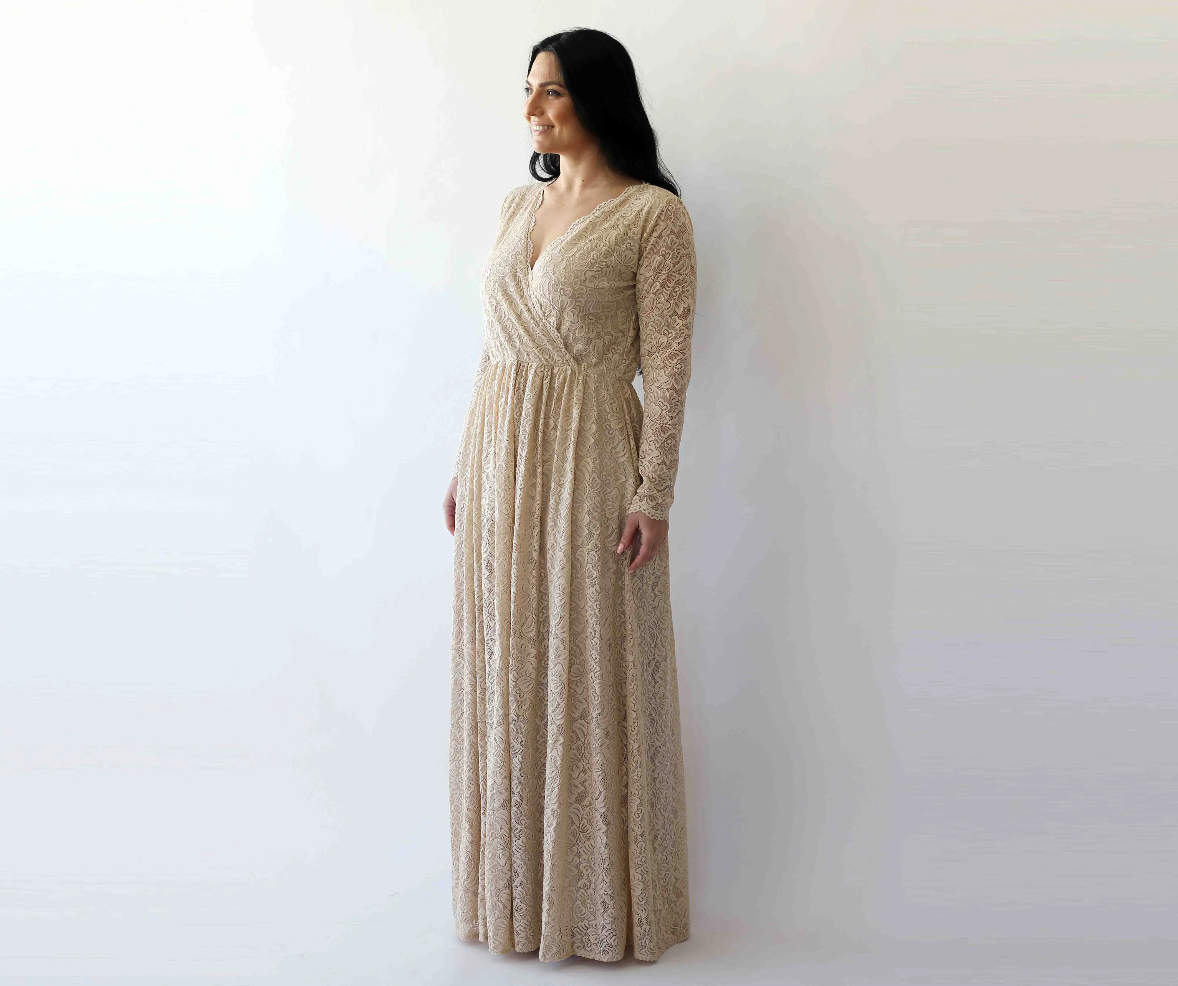 Curve & Plus Size  Champagne Boho Wedding Dress With Pockets #1269