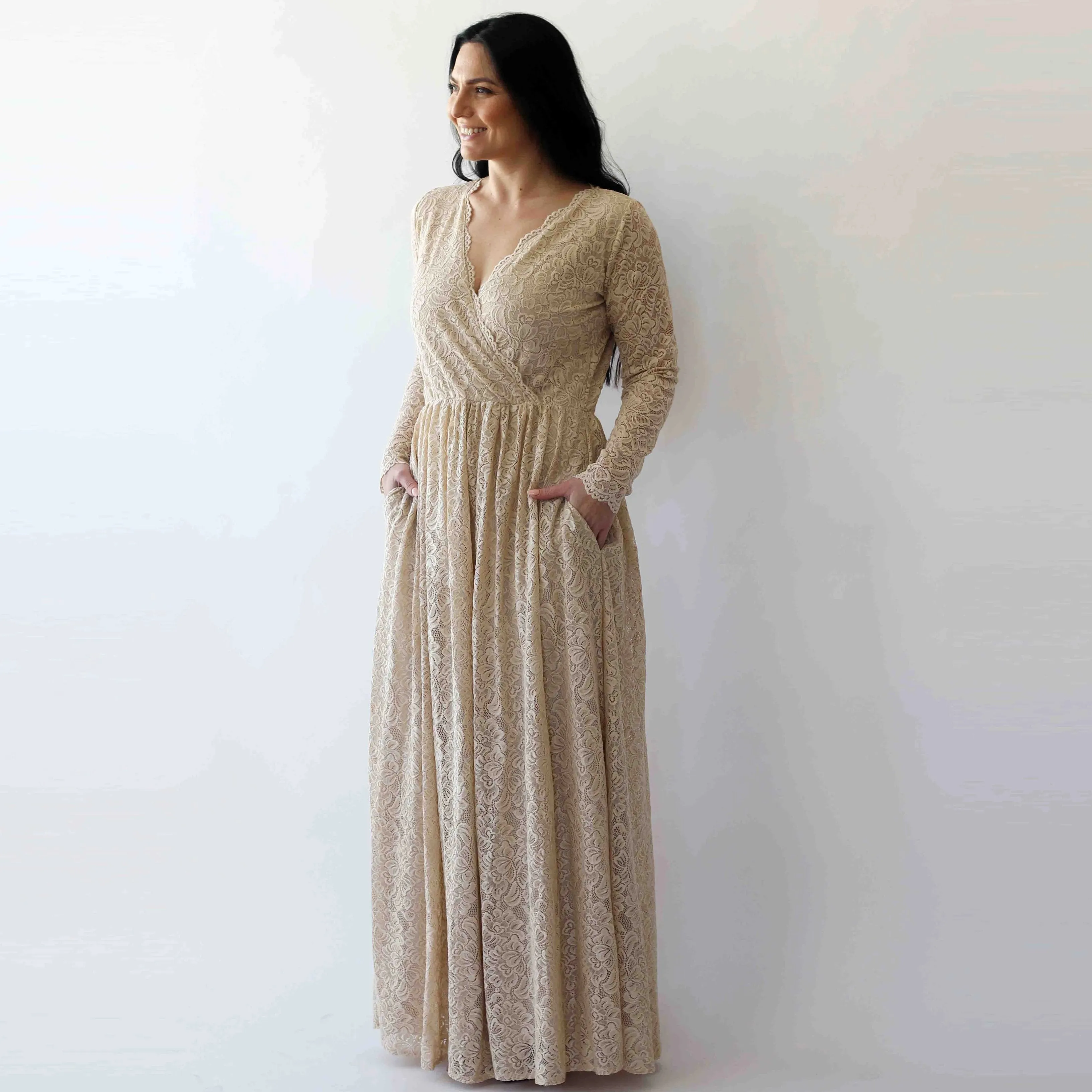 Curve & Plus Size  Champagne Boho Wedding Dress With Pockets #1269