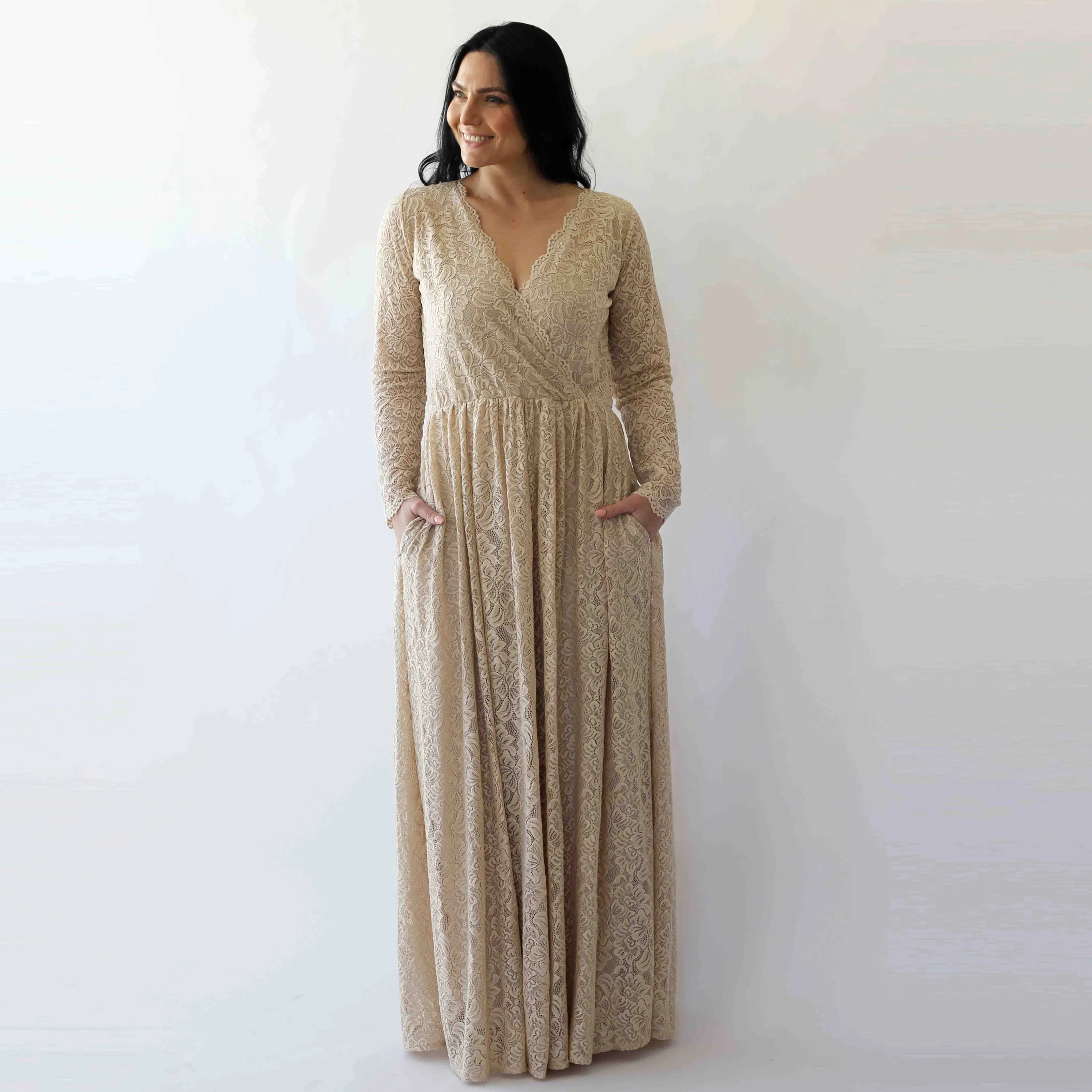 Curve & Plus Size  Champagne Boho Wedding Dress With Pockets #1269