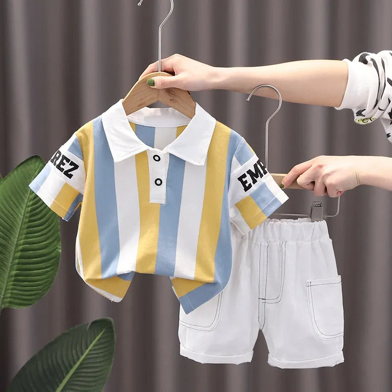 Cute Cartoon Baby Boy Clothes Set , T-shirt   Shorts - Beige, White