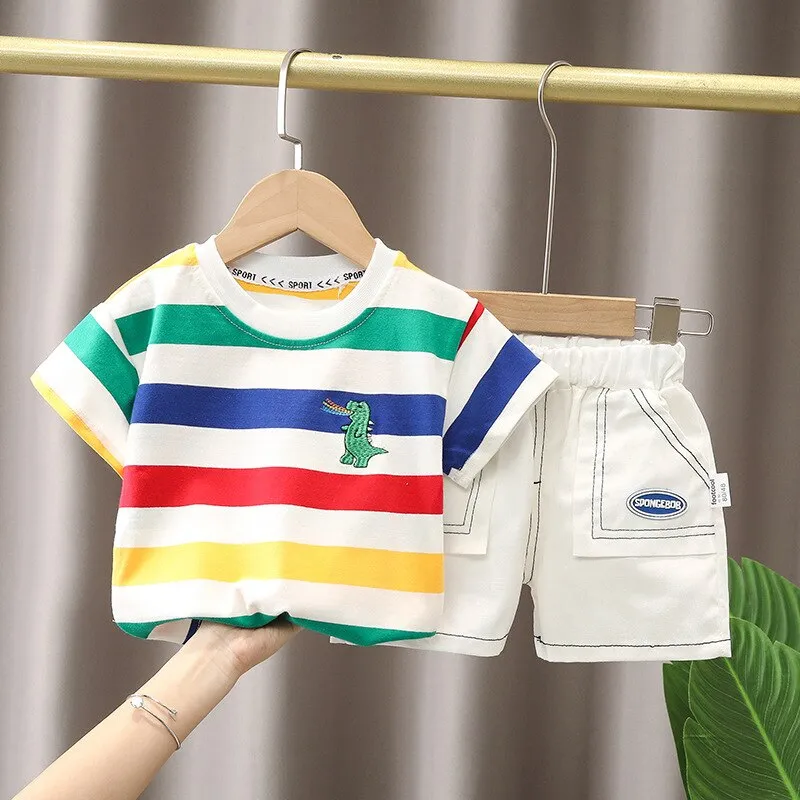 Cute Cartoon Baby Boy Clothes Set , T-shirt   Shorts - Beige, White