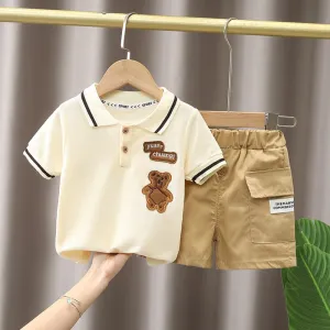 Cute Cartoon Baby Boy Clothes Set , T-shirt   Shorts - Beige, White