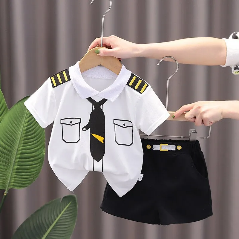 Cute Cartoon Baby Boy Clothes Set , T-shirt   Shorts - Beige, White
