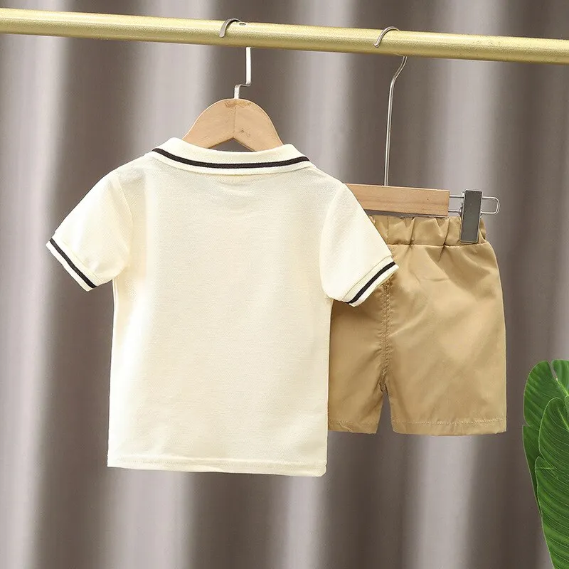 Cute Cartoon Baby Boy Clothes Set , T-shirt   Shorts - Beige, White