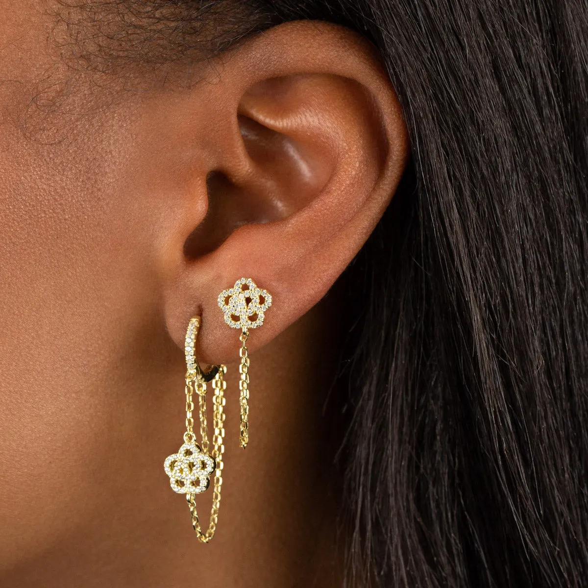 CZ Rose Flower Chain Huggie Earring