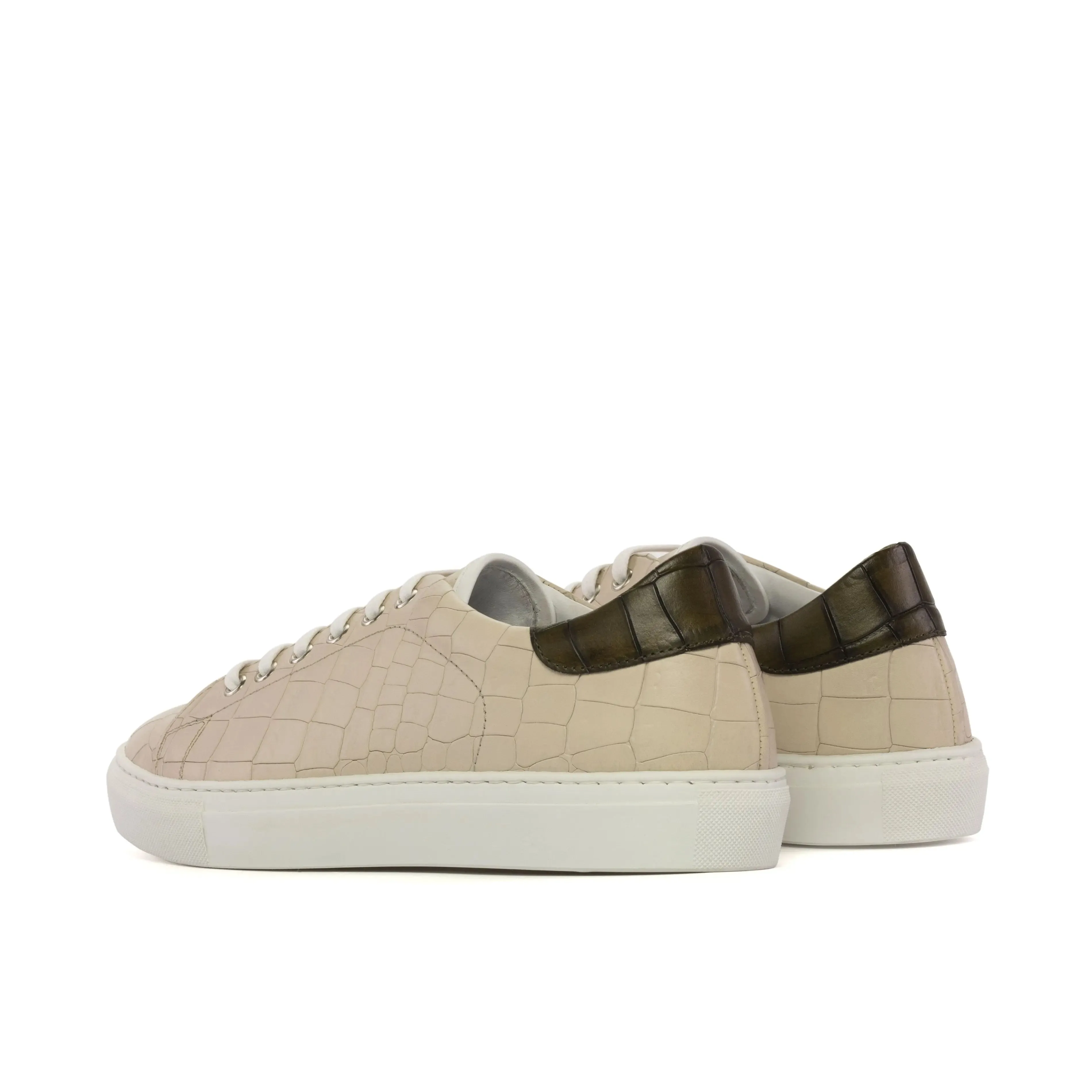 DapperFam Rivale in Nude / Olive Men's Italian Croco Embossed Leather Trainer