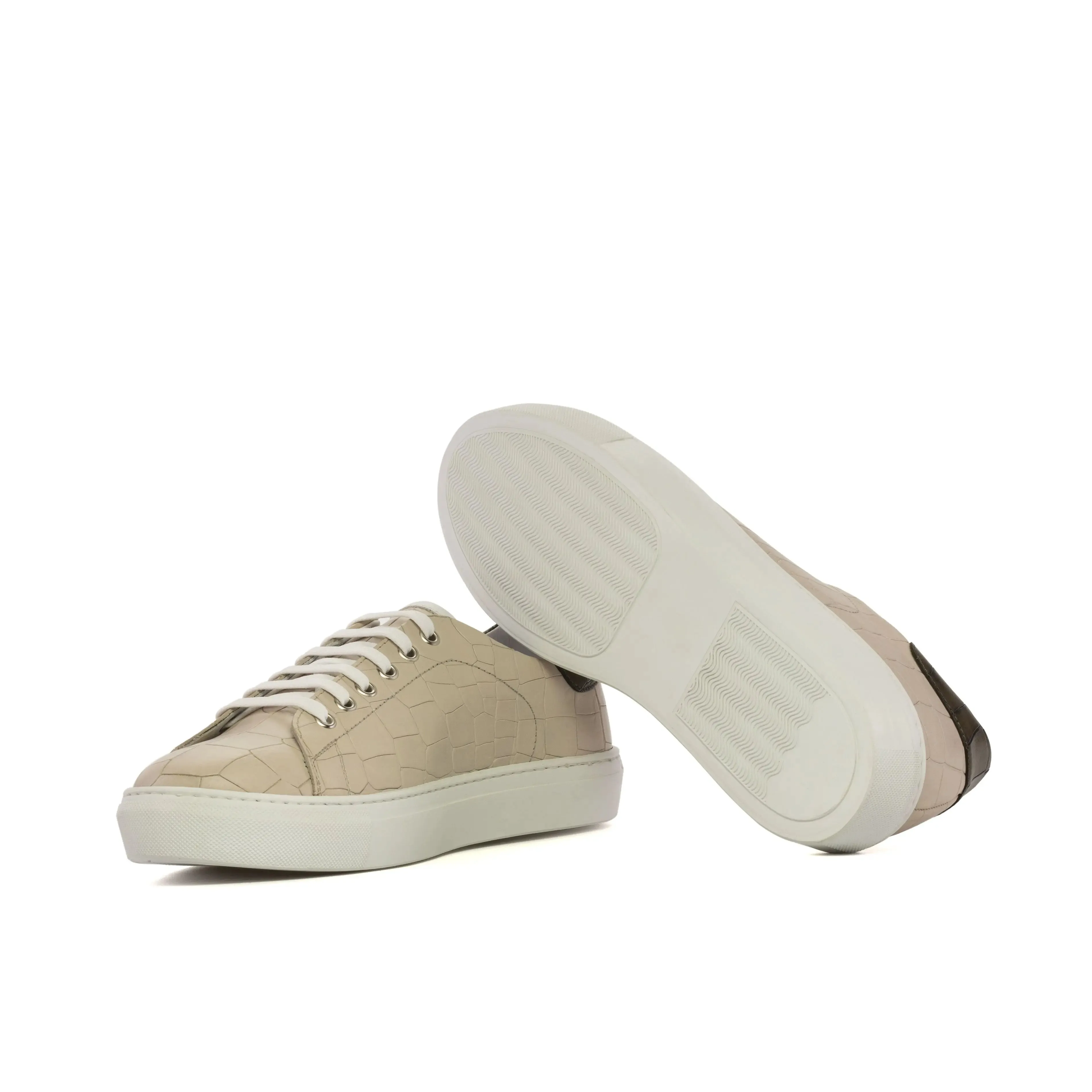 DapperFam Rivale in Nude / Olive Men's Italian Croco Embossed Leather Trainer