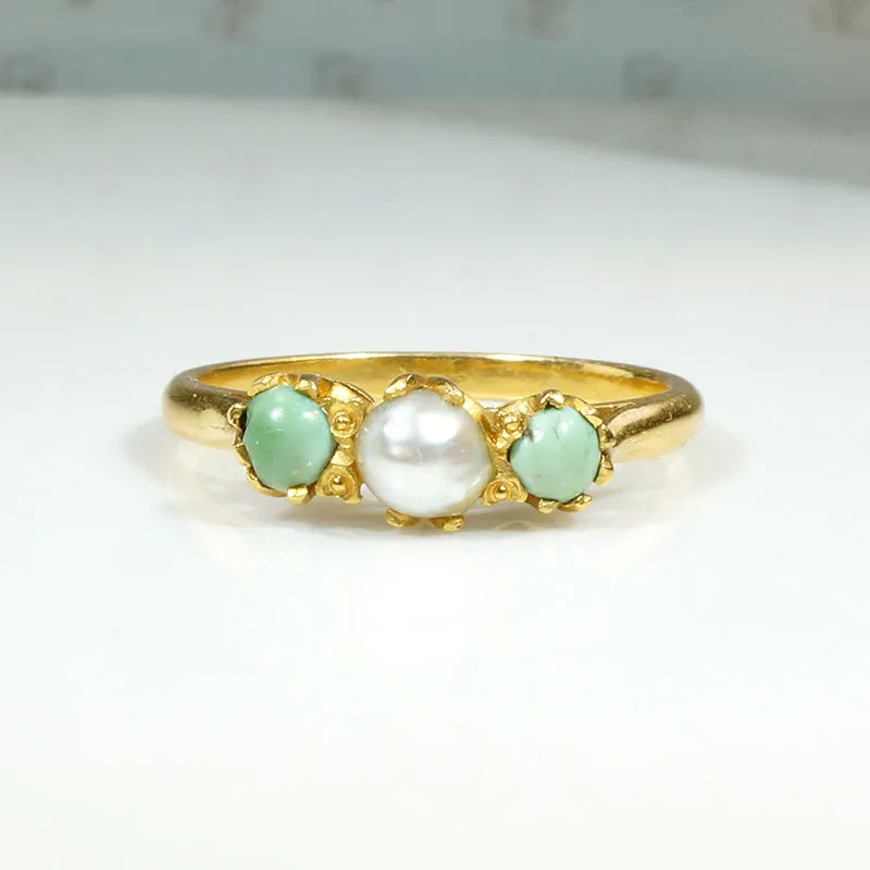 Delicate Pastel Green Turquoise & Pearl in 22k Gold Ring