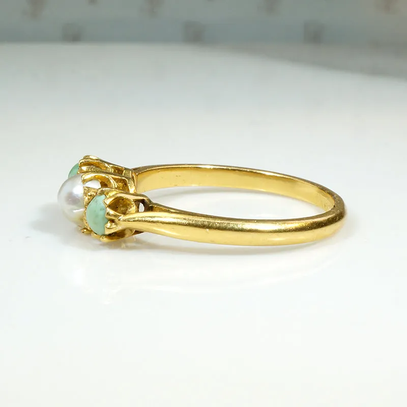 Delicate Pastel Green Turquoise & Pearl in 22k Gold Ring