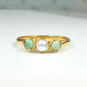 Delicate Pastel Green Turquoise & Pearl in 22k Gold Ring