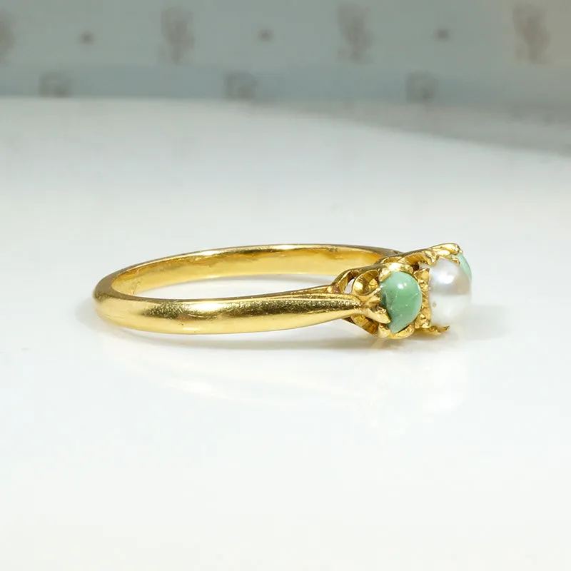 Delicate Pastel Green Turquoise & Pearl in 22k Gold Ring