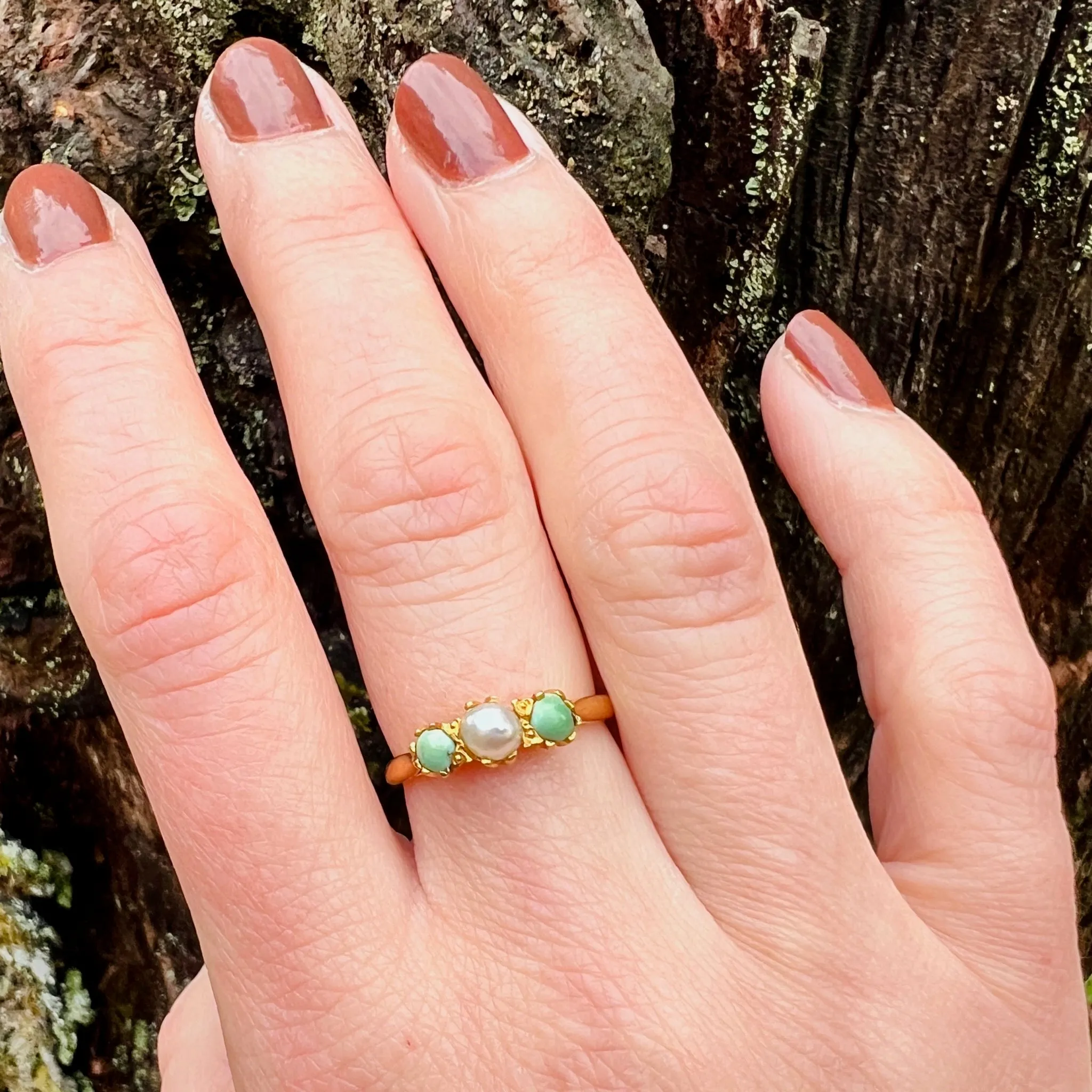Delicate Pastel Green Turquoise & Pearl in 22k Gold Ring