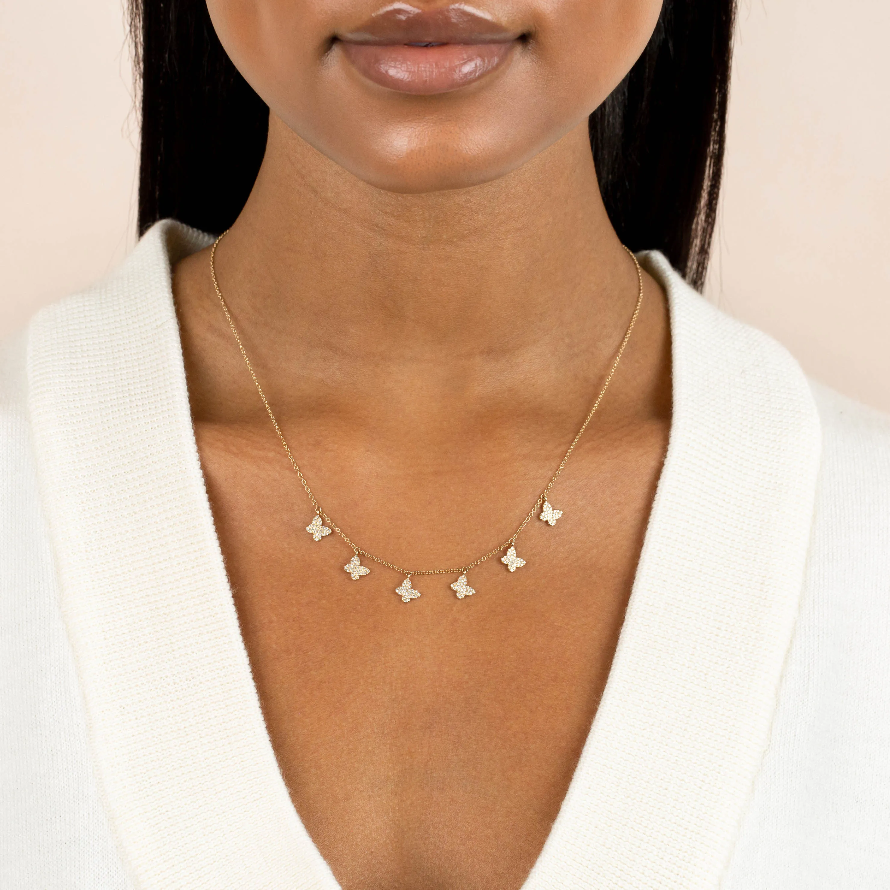 Diamond Dangling Multi Butterfly Necklace 14K