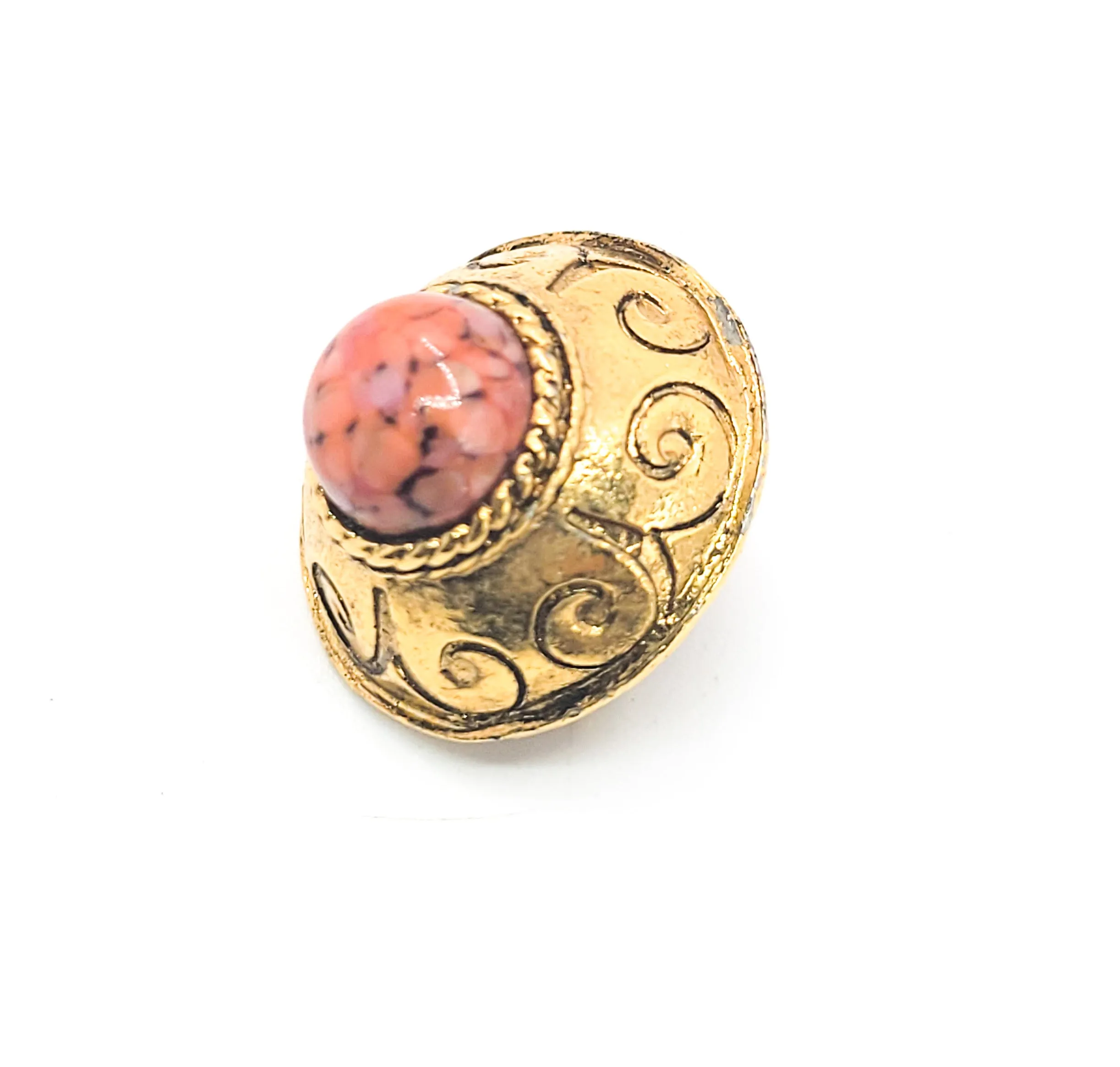 Domed salmon art glass cab Etruscan revival gold toned vintage brooch