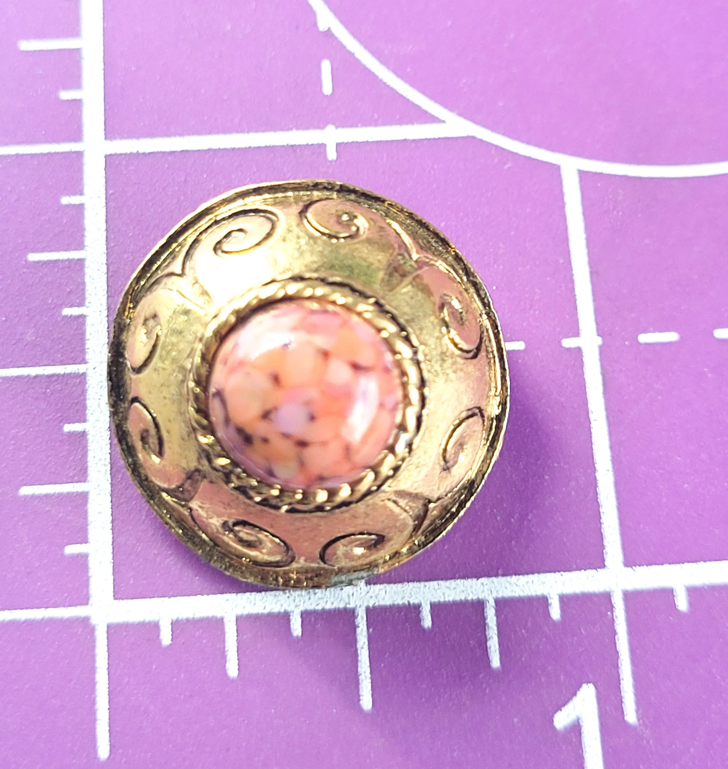 Domed salmon art glass cab Etruscan revival gold toned vintage brooch