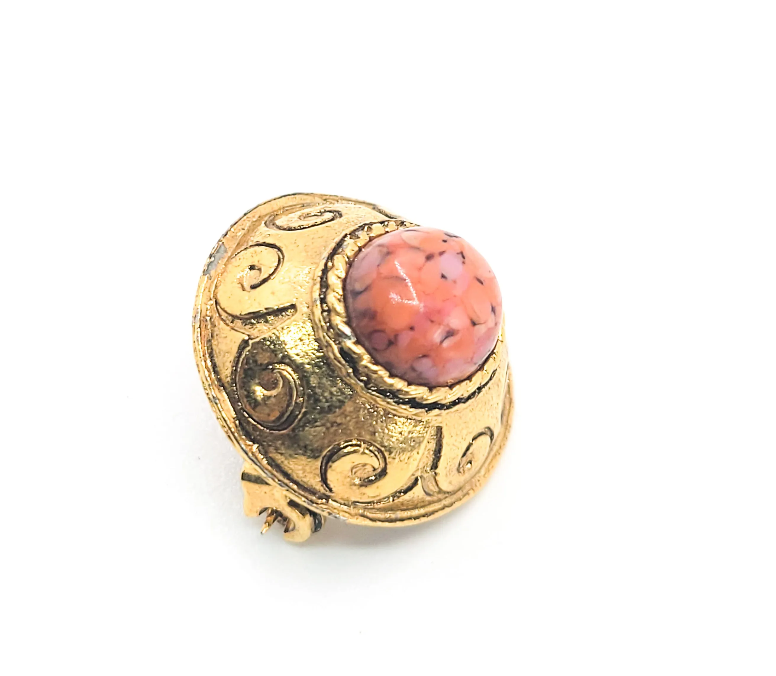 Domed salmon art glass cab Etruscan revival gold toned vintage brooch
