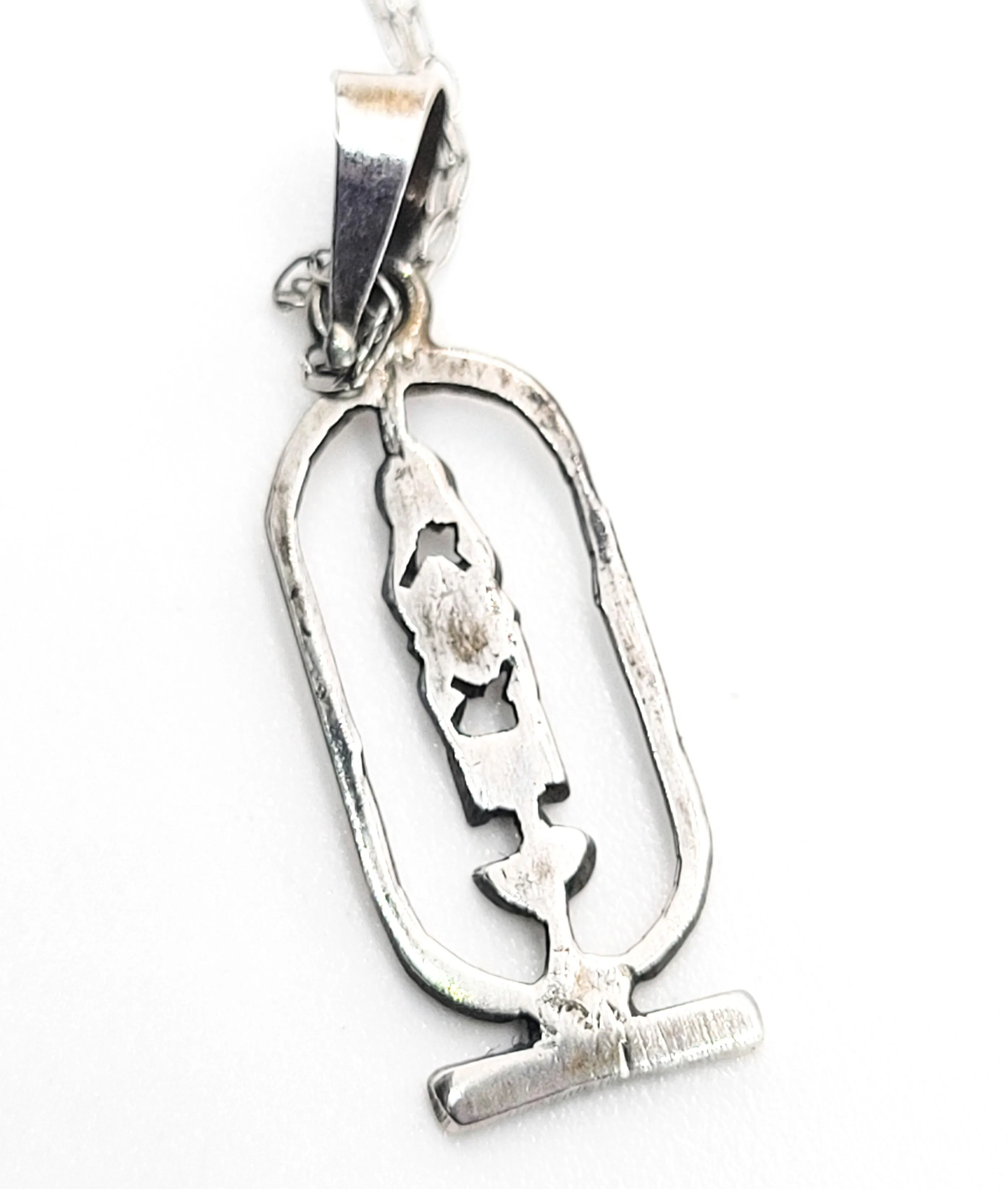 Egyptian cartouche Ra scarab open work sterling silver vintage pendant necklace