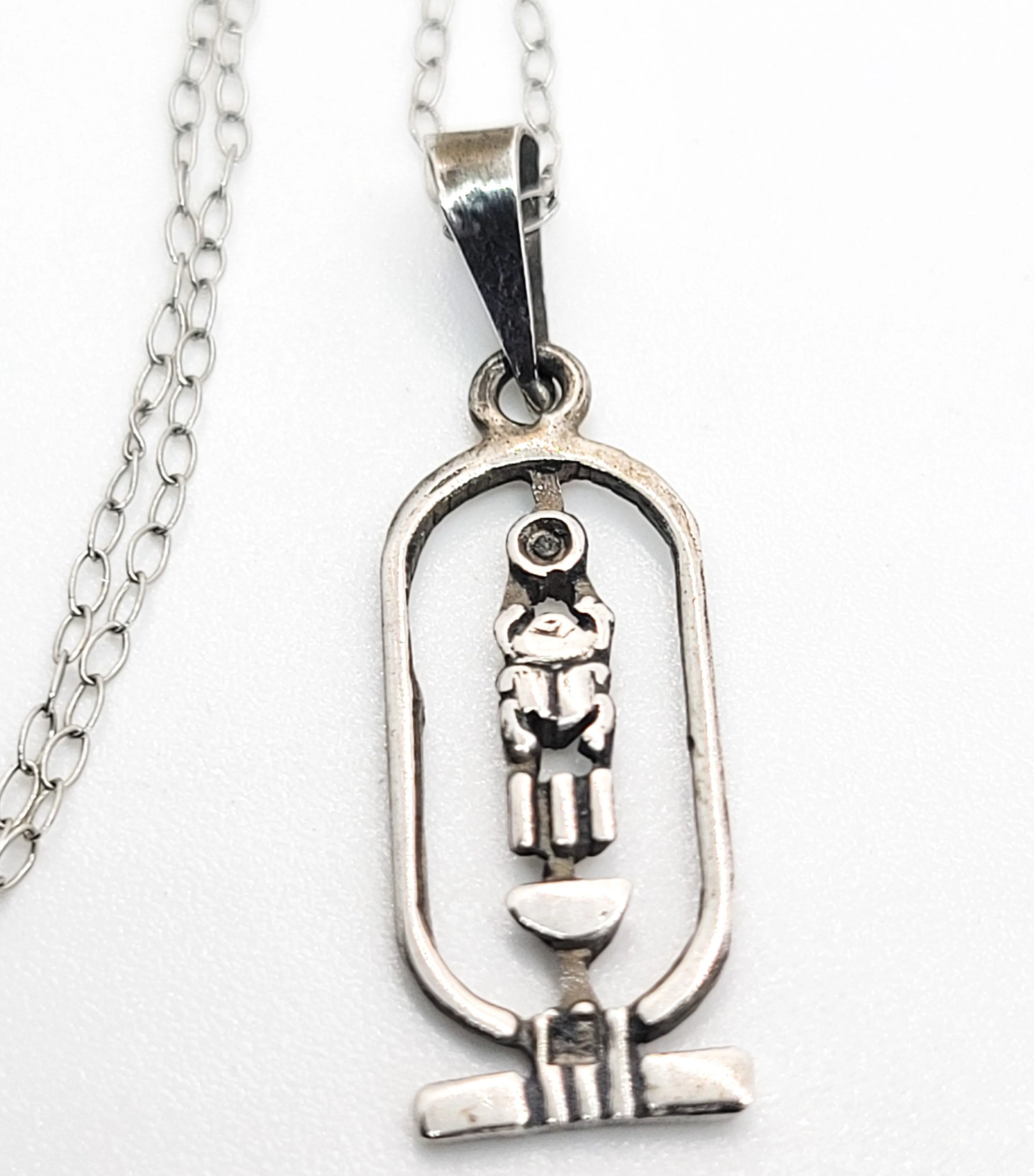 Egyptian cartouche Ra scarab open work sterling silver vintage pendant necklace