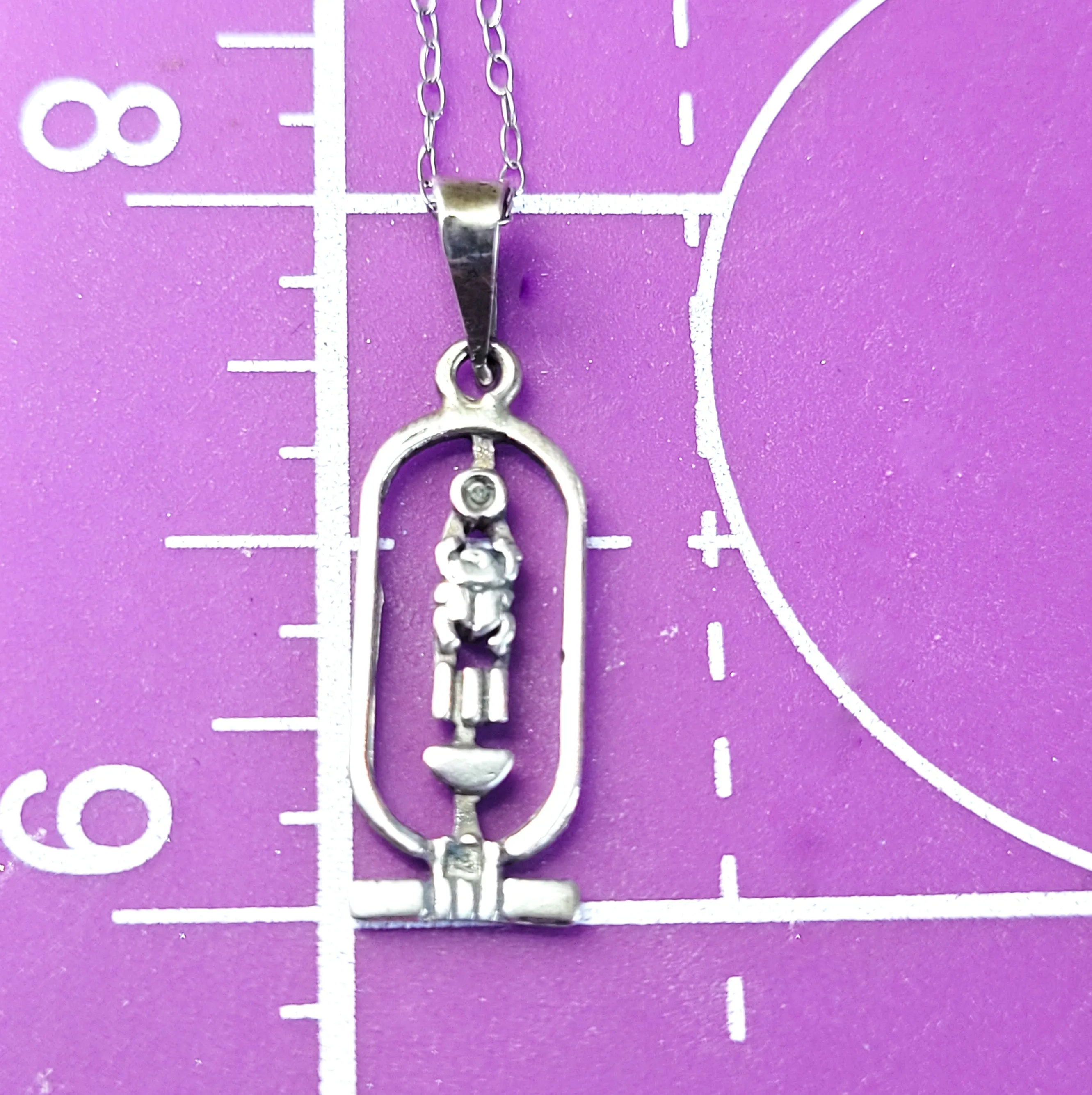 Egyptian cartouche Ra scarab open work sterling silver vintage pendant necklace