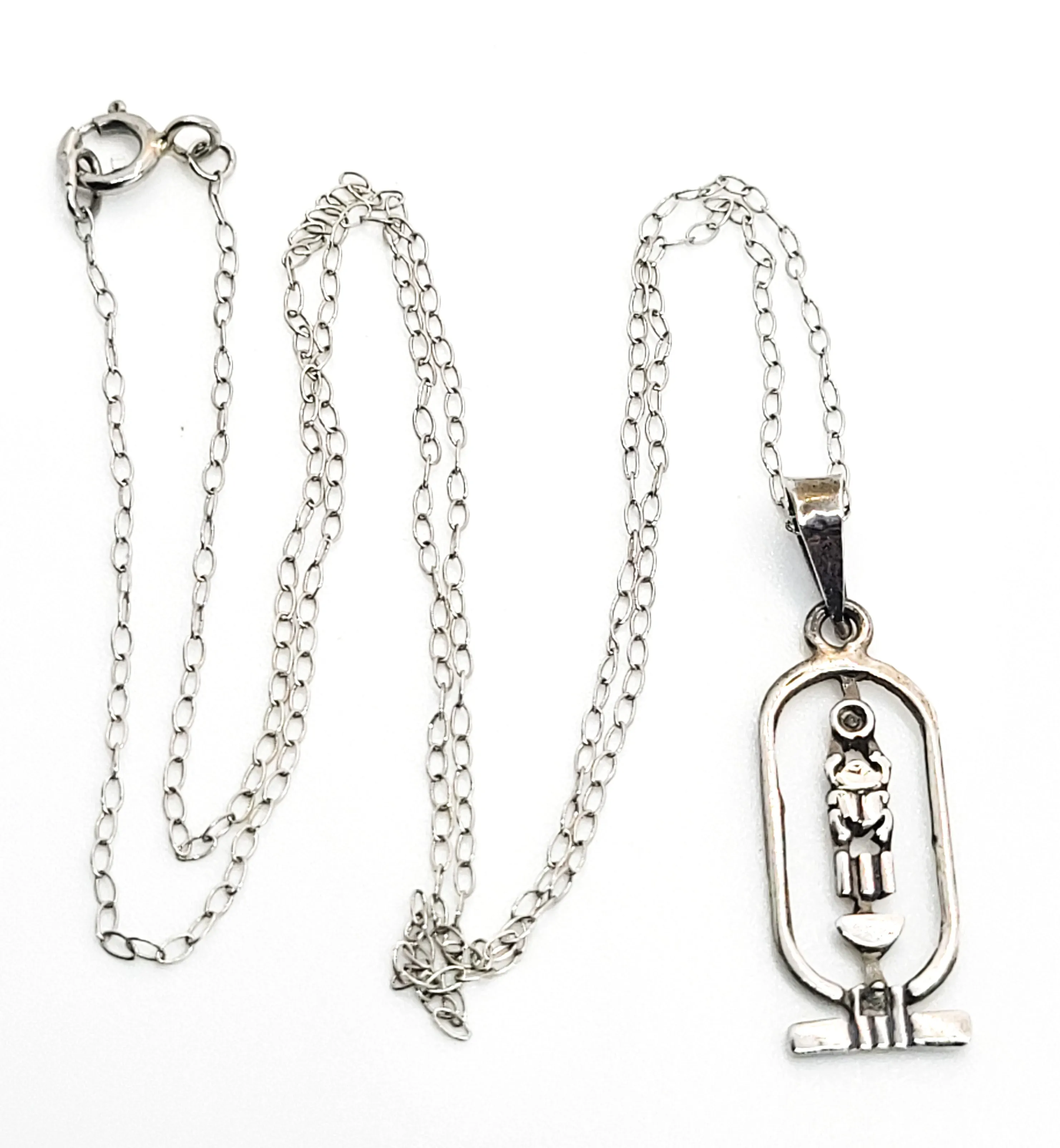 Egyptian cartouche Ra scarab open work sterling silver vintage pendant necklace