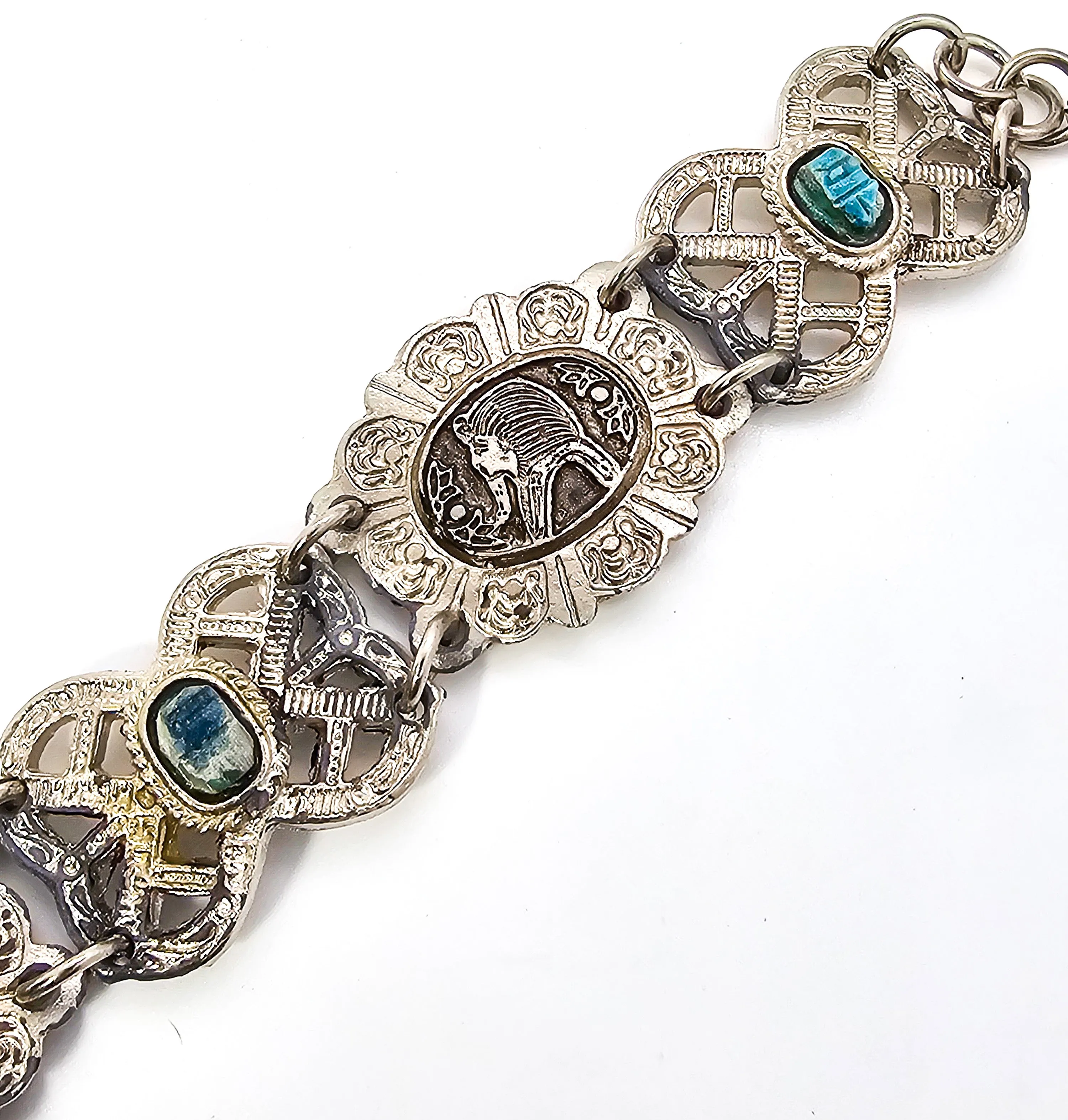 Egyptian Revival blue scarab ankh Faience tourist souvenir silver toned panel bracelet