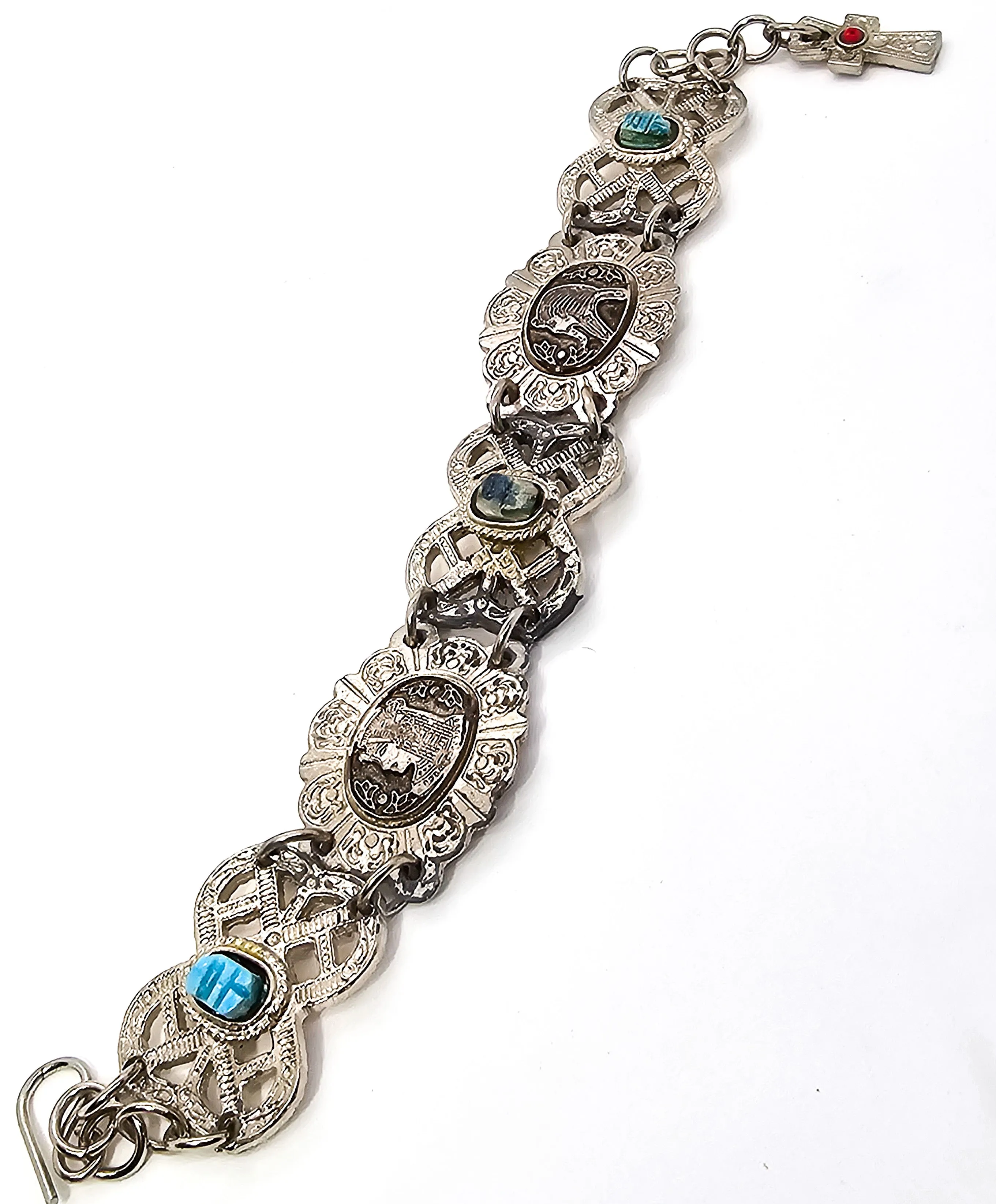 Egyptian Revival blue scarab ankh Faience tourist souvenir silver toned panel bracelet