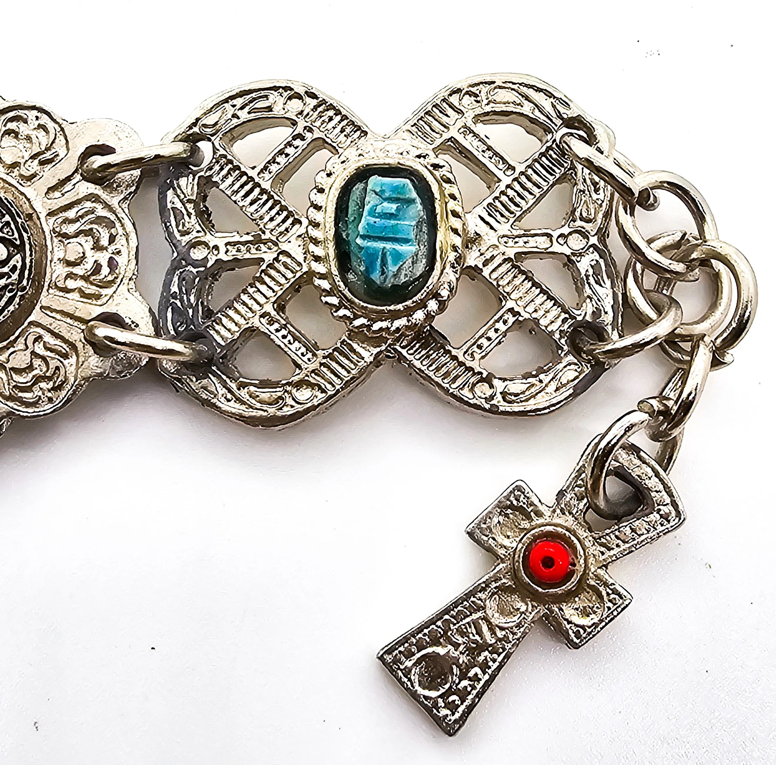 Egyptian Revival blue scarab ankh Faience tourist souvenir silver toned panel bracelet