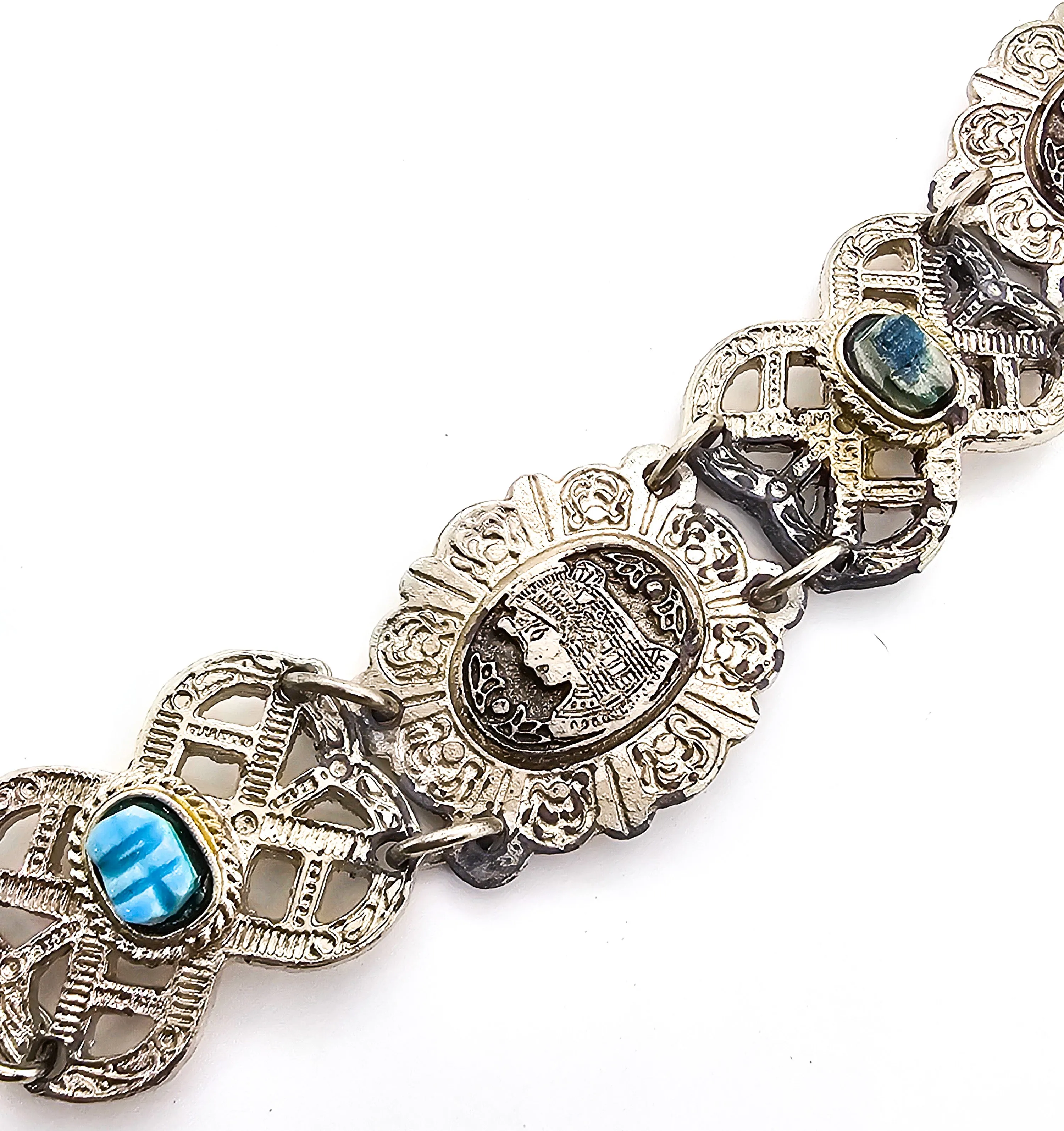 Egyptian Revival blue scarab ankh Faience tourist souvenir silver toned panel bracelet
