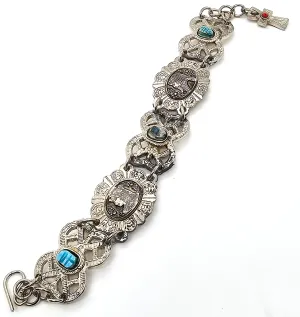 Egyptian Revival blue scarab ankh Faience tourist souvenir silver toned panel bracelet
