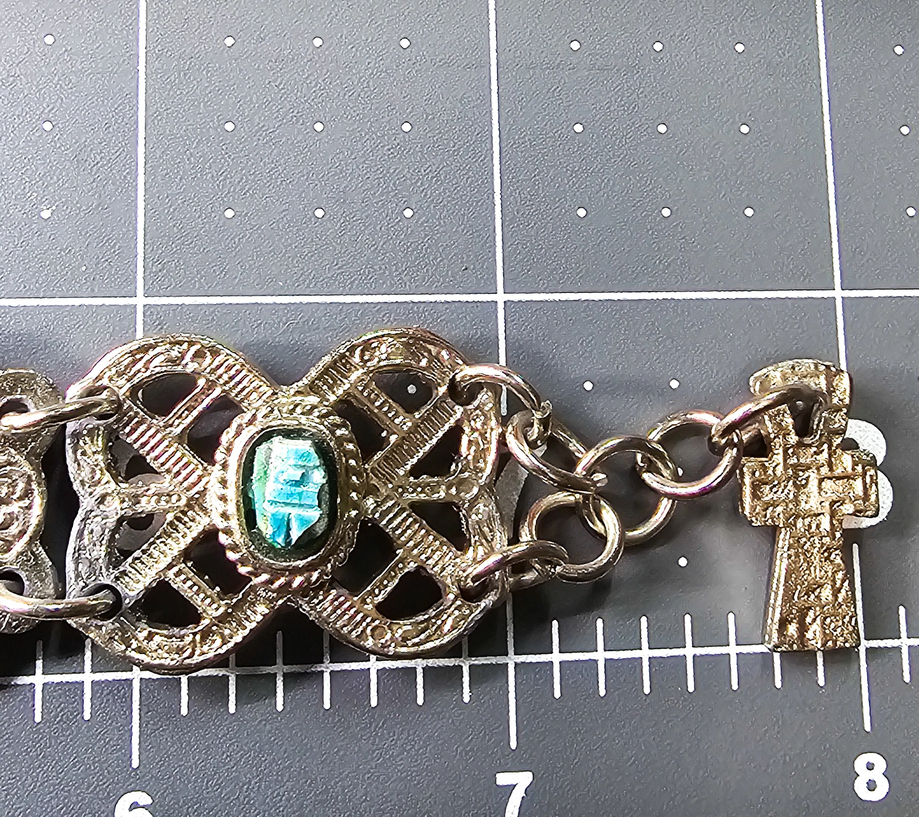 Egyptian Revival blue scarab ankh Faience tourist souvenir silver toned panel bracelet