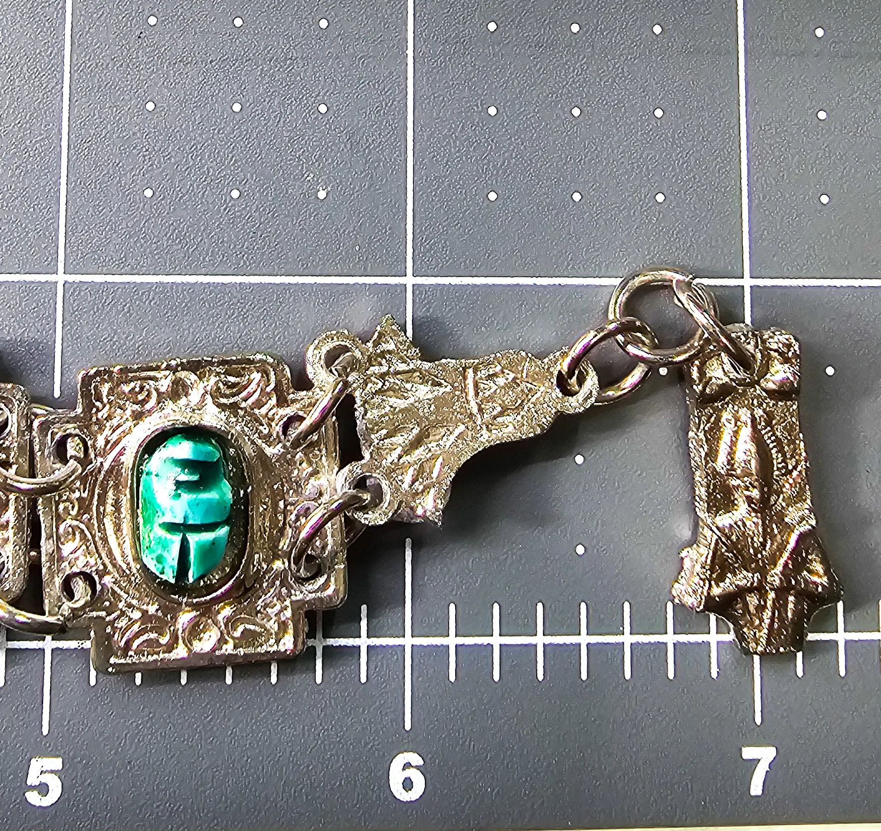 Egyptian Revival blue scarab Faience tourist souvenir silver toned panel bracelet