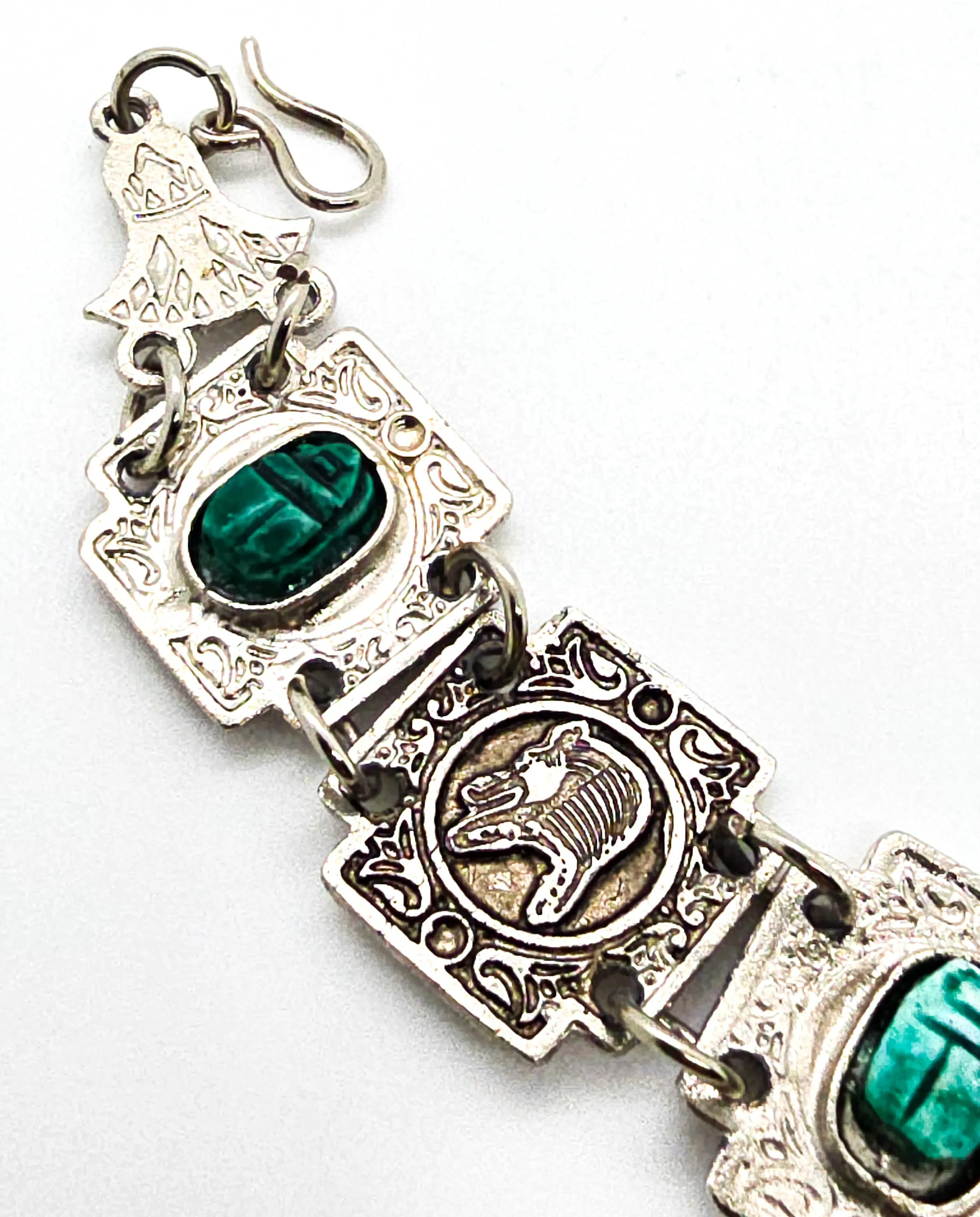 Egyptian Revival blue scarab Faience tourist souvenir silver toned panel bracelet