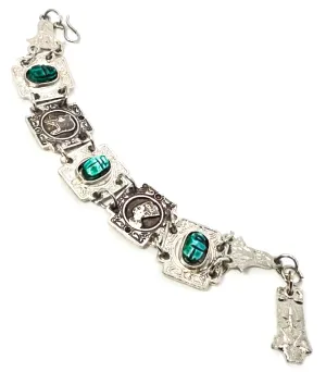 Egyptian Revival blue scarab Faience tourist souvenir silver toned panel bracelet