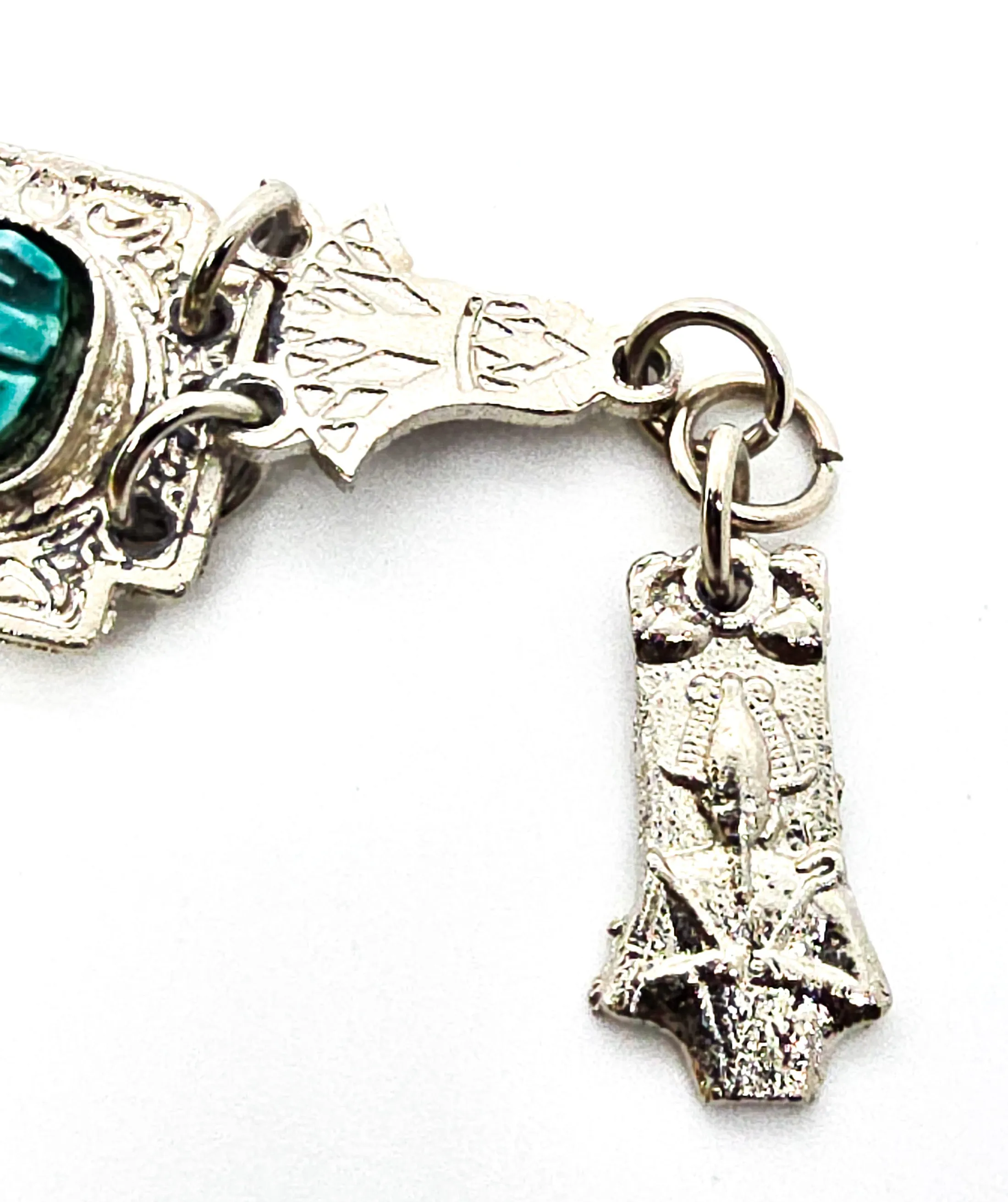 Egyptian Revival blue scarab Faience tourist souvenir silver toned panel bracelet