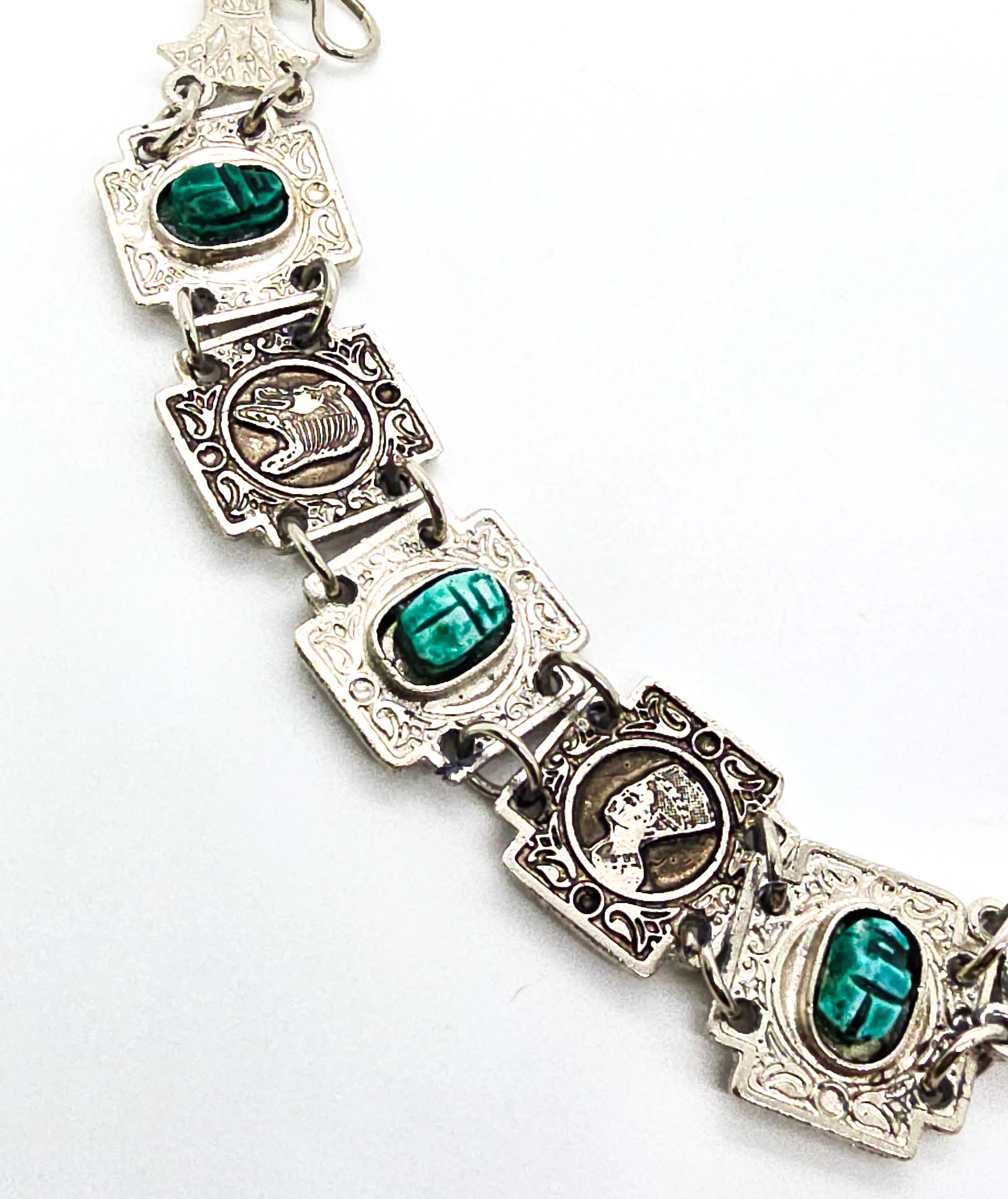 Egyptian Revival blue scarab Faience tourist souvenir silver toned panel bracelet