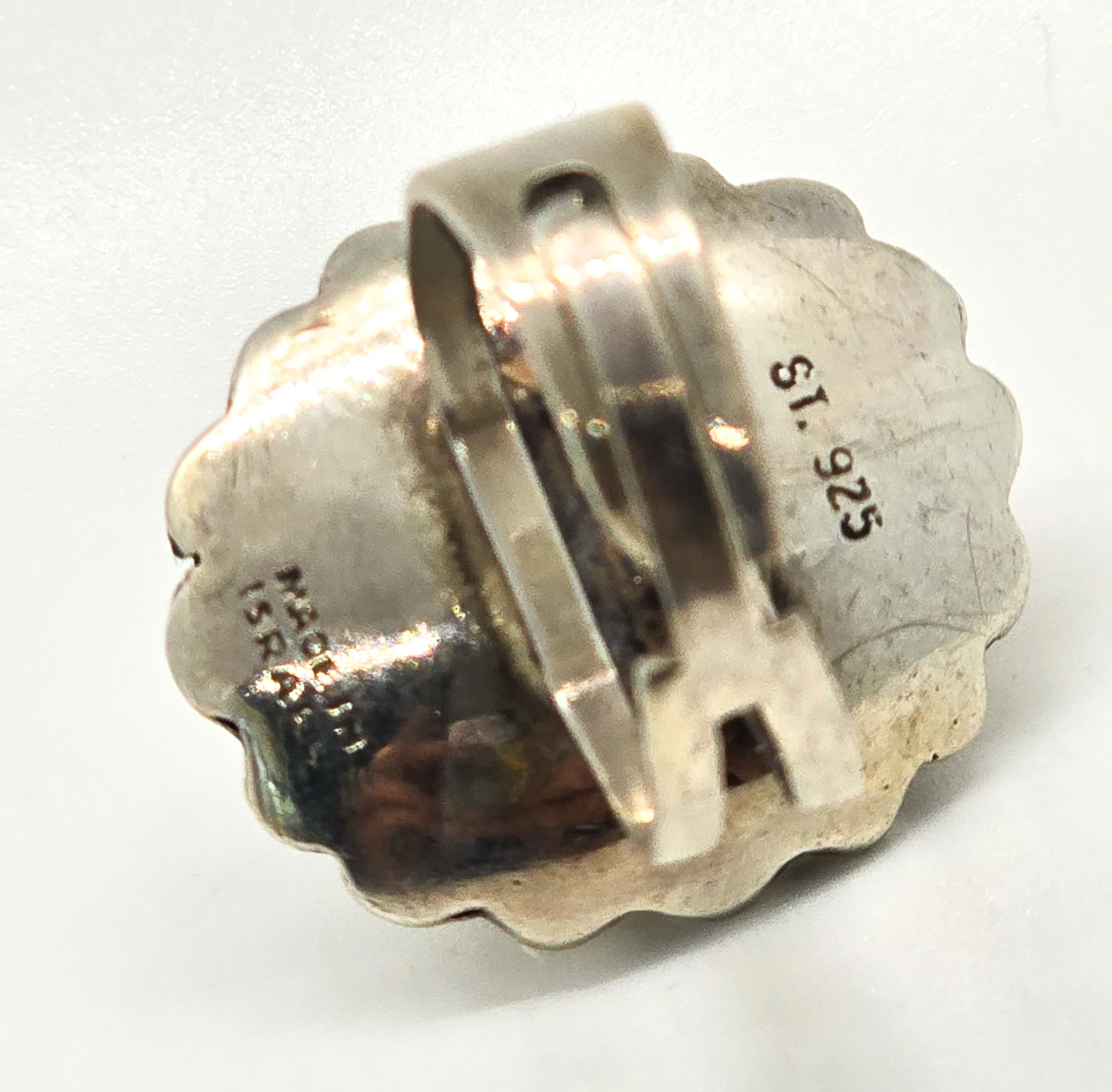 Egyptian Revival Chrysoprase carved Scarab Israel ST sterling silver adjustable ring size 7