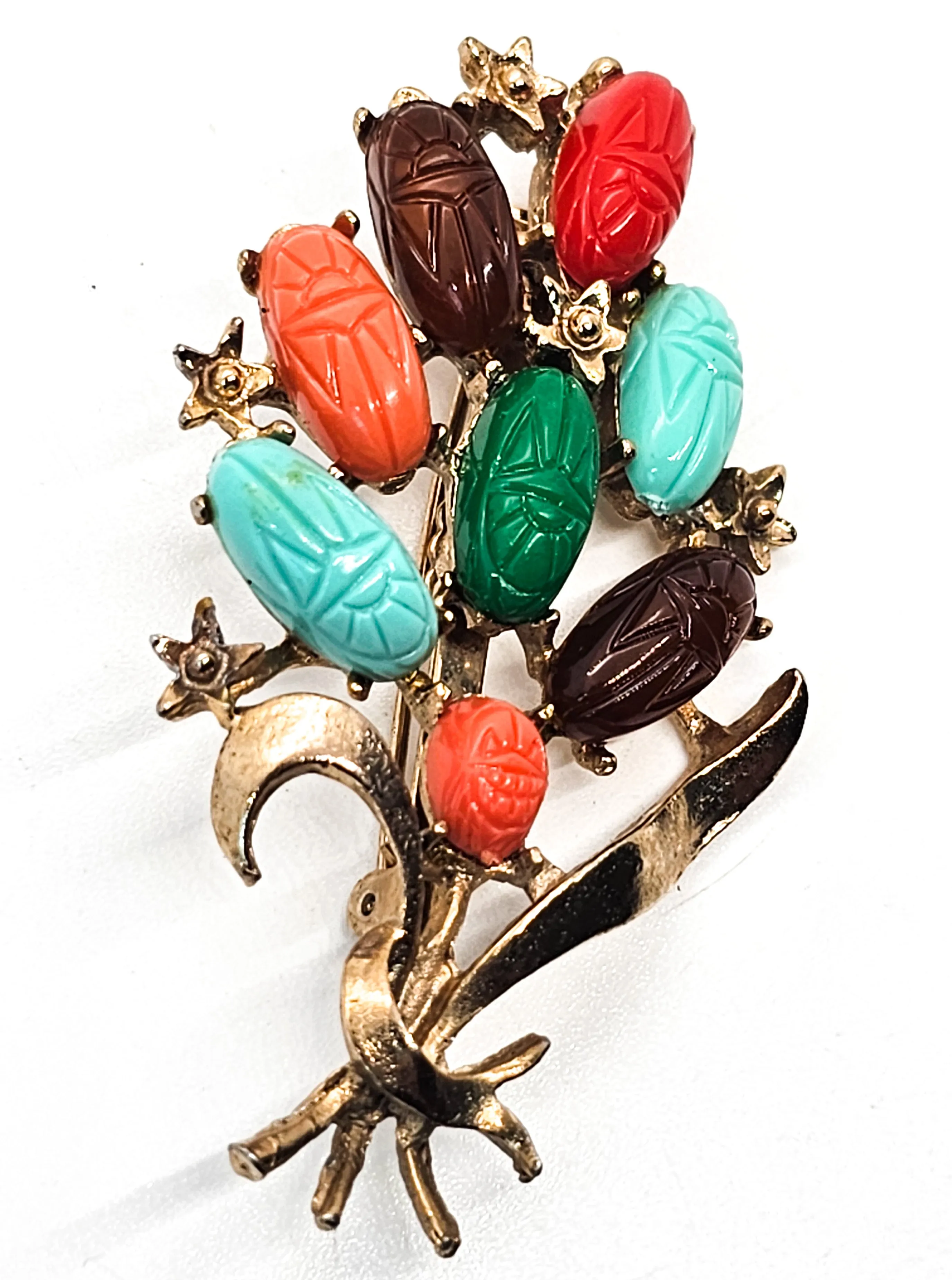 Egyptian Revival fruit salad mixed scarab mid century vintage brooch