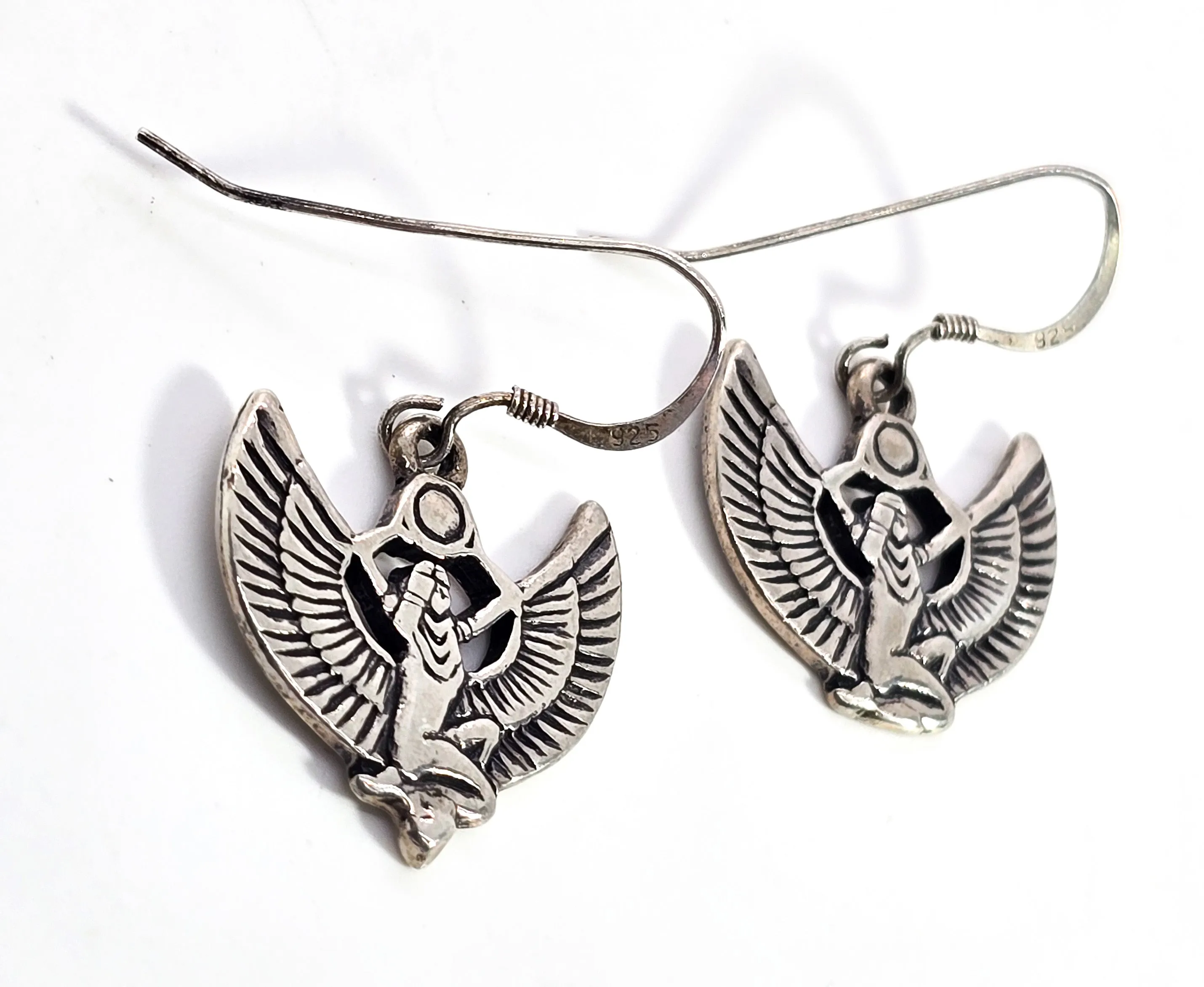 Egyptian Revival Goddess Isis sterling silver drop earrings