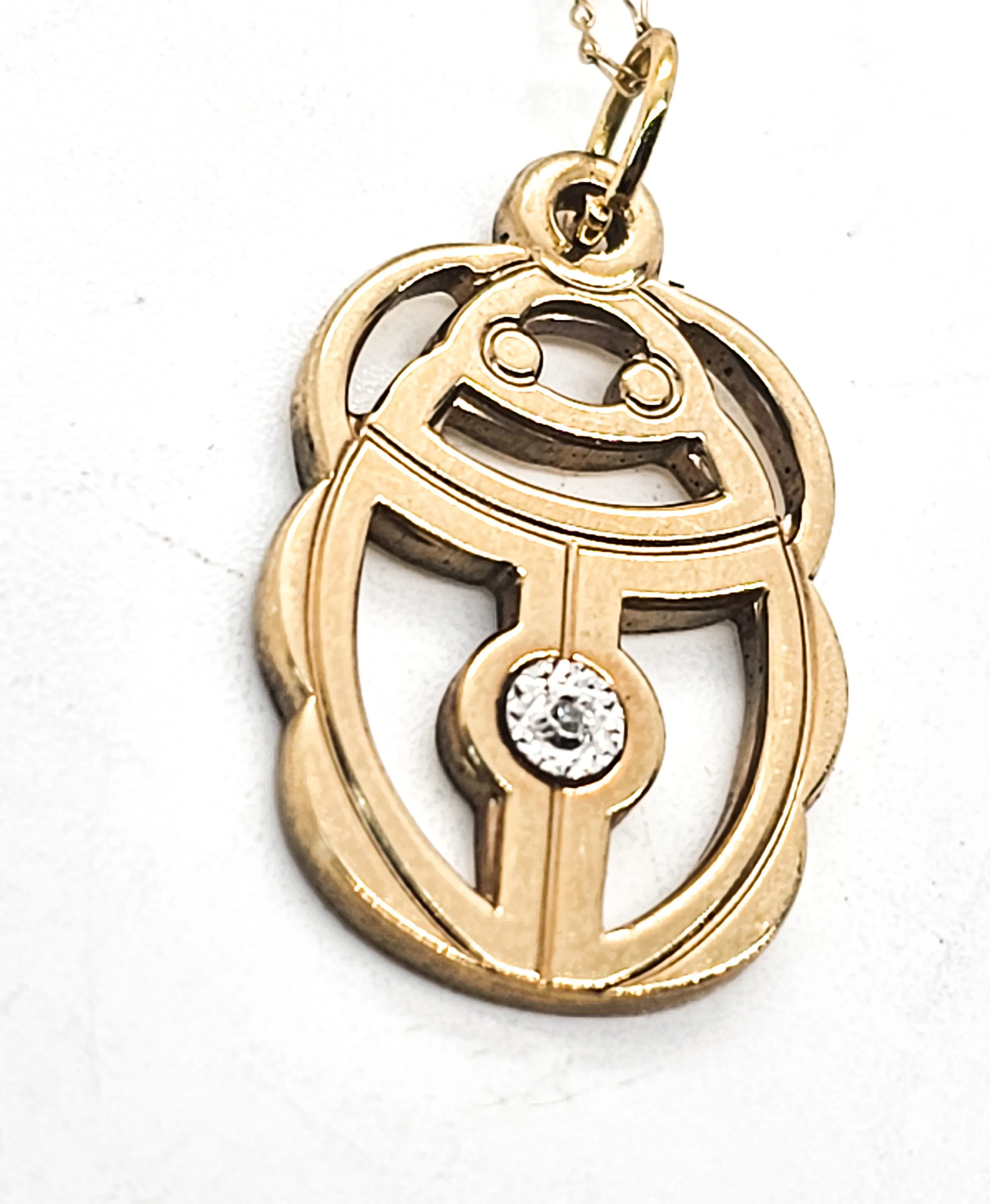 Egyptian revival open work Scarab gold filled CZ vintage necklace