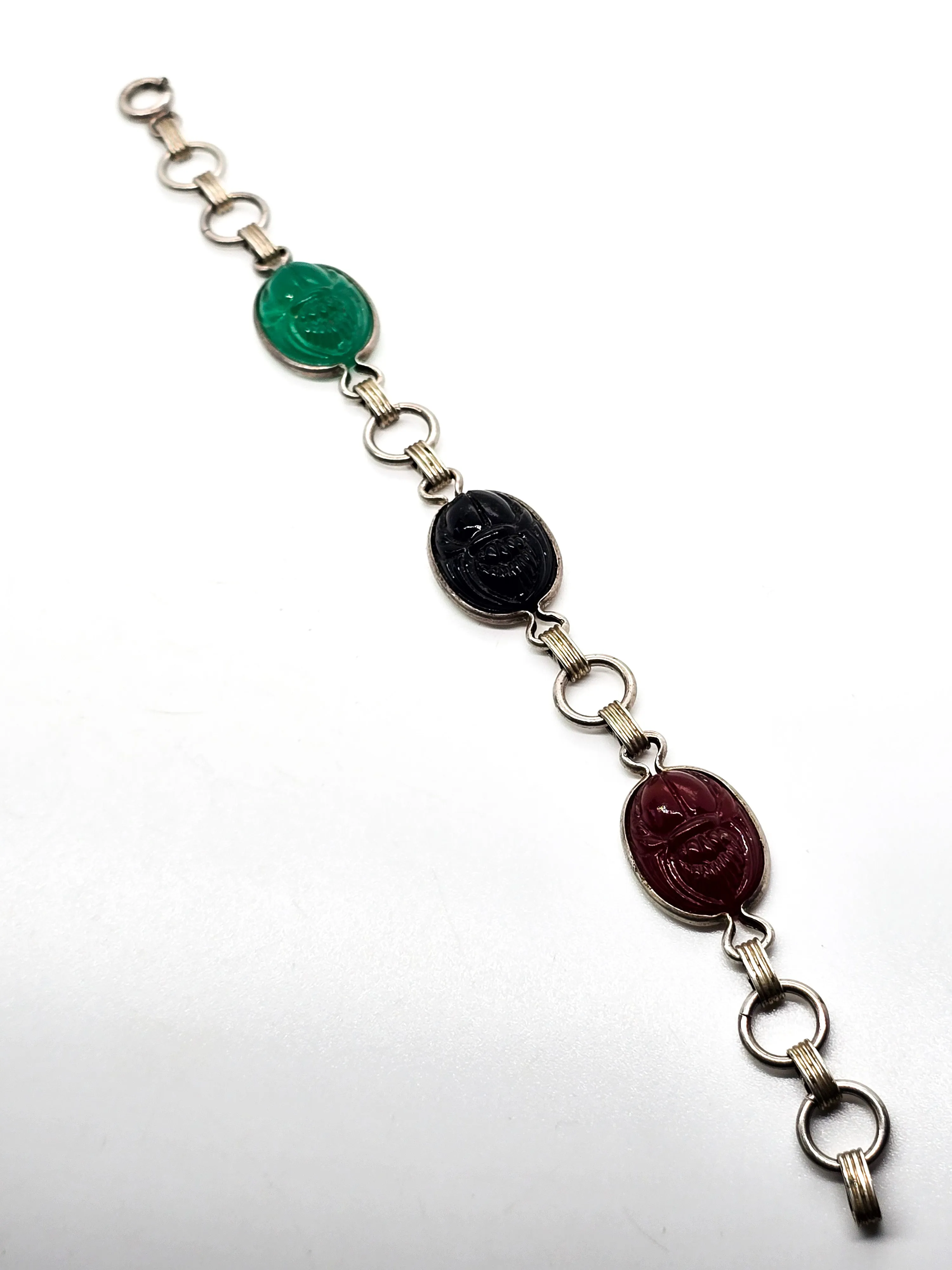 Egyptian Revival Scarab molded Uranium glass sterling silver vintage bracelet